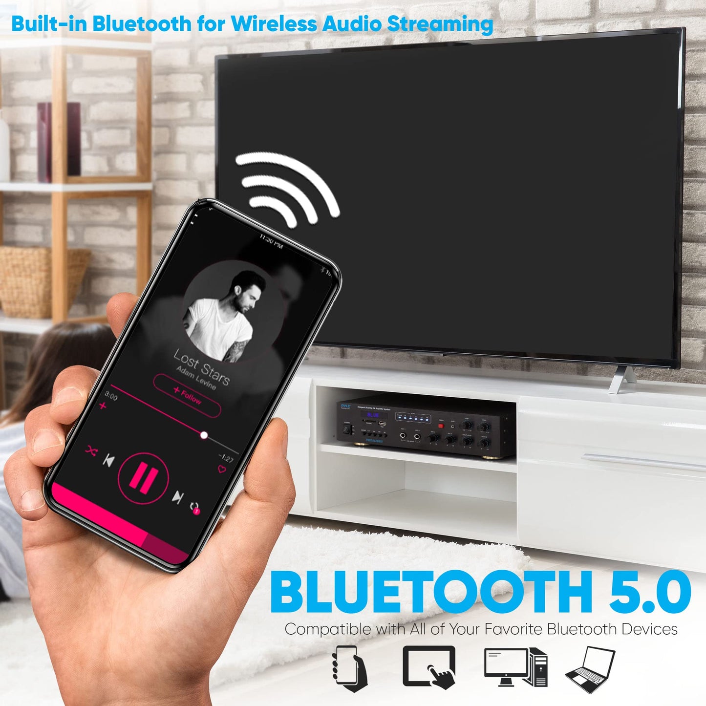 Pyle Wireless Bluetooth Public Address Amplifier - 500W Compact Mini Digital Home Power Audio Sound PA Receiver System w/ 70V 100V Output, Mic Input, Radio, USB, Remote For 4-16ohm Speaker- PMSA126BU