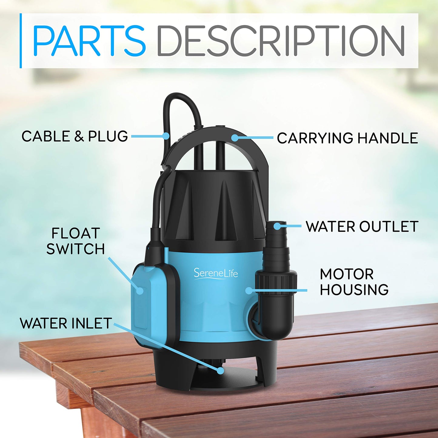 SereneLife 1/2HP Sump Pump Submersible, 1980GPH Water Pump for Pool Draining with Auto Float Switch, 3pc Adapter Set for USA Garden and Flat Hose, 16ft Cord, Clean Dirty Water, Yard, Pool, Tub, Pond