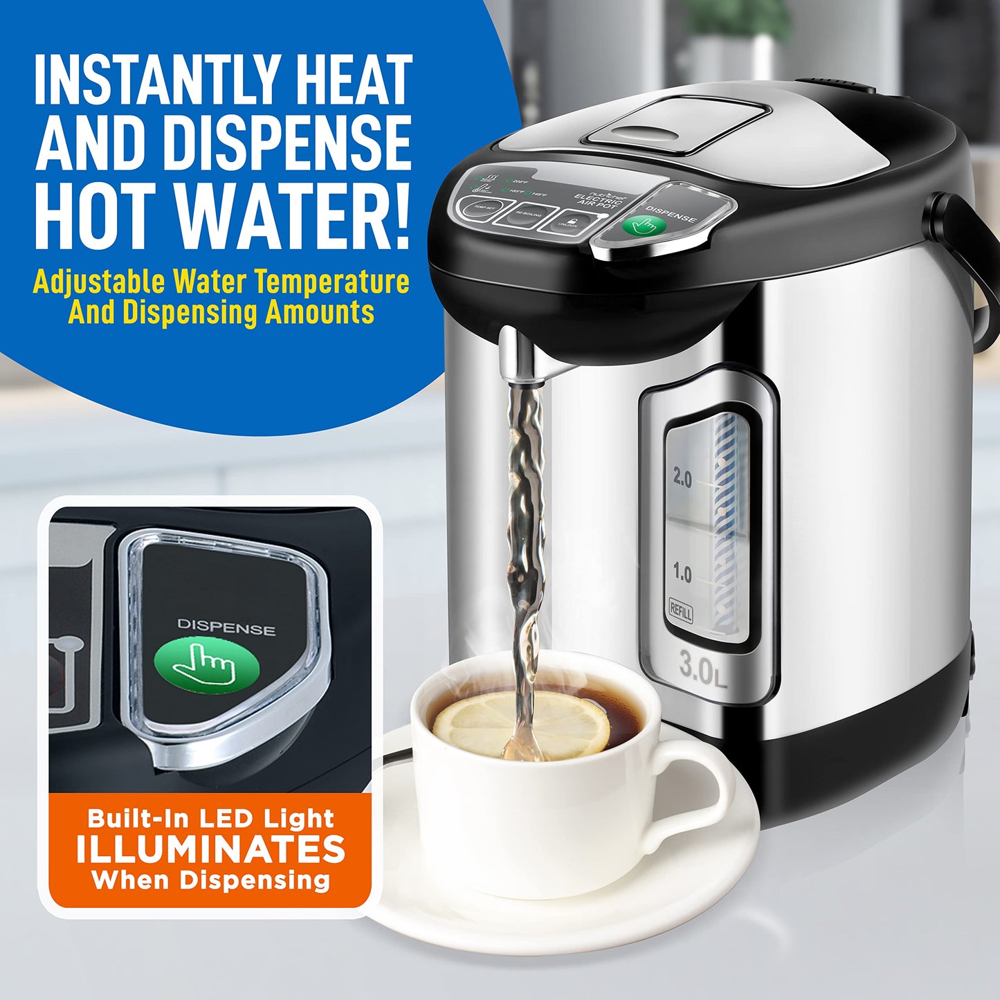 NutriChef Electric Water Boiler and Warmer - 3L/3.17 Qt Stainless Steel Electric Hot Water Dispenser w/Rotating Base, Auto Shut Off, Safety Lock, Instant Heating for Coffee & Tea (NCHUB13)