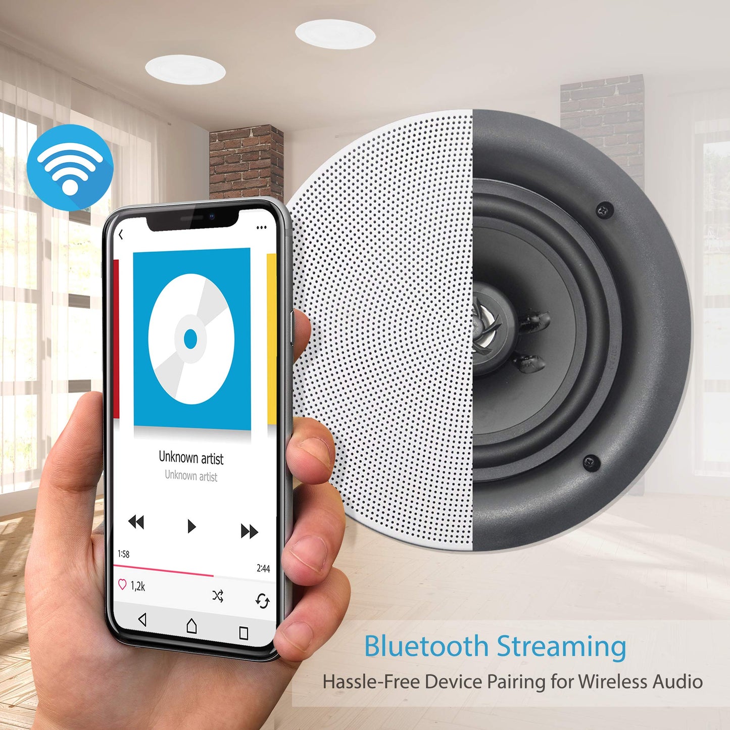 Pyle 5.25” 4 Bluetooth Flush Mount In-wall In-ceiling 2-Way Speaker System Quick Connections Changeable Round/Square Grill Polypropylene Cone & Tweeter Stereo Sound 4 Ch Amplifier 150 Watt (PDICBT256)