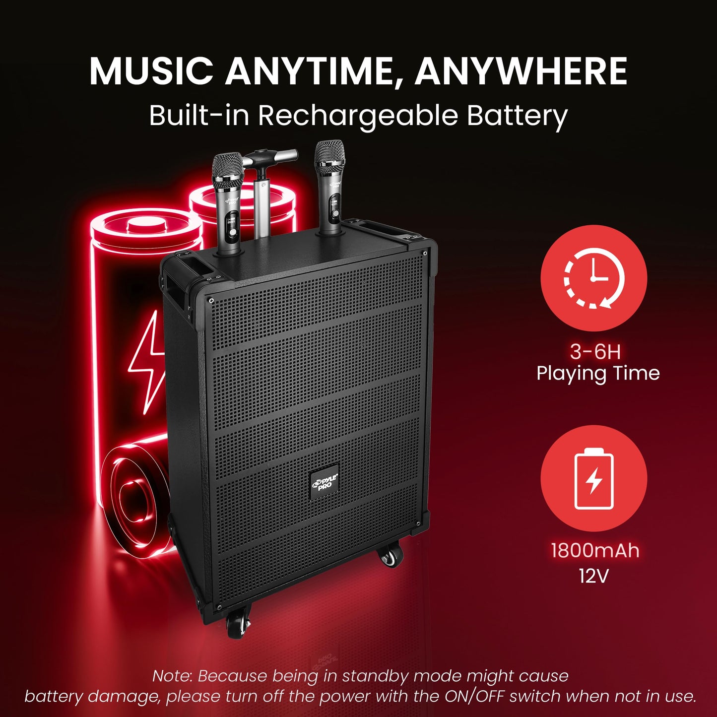 Pyle 12'' Portable Wireless Bluetooth Speaker System - Built-in Rechargeable Battery, Wireless Microphone, USB/Micro SD/FM - 80 Watt - FM Radio with Digital LED Display, PWMA1299A