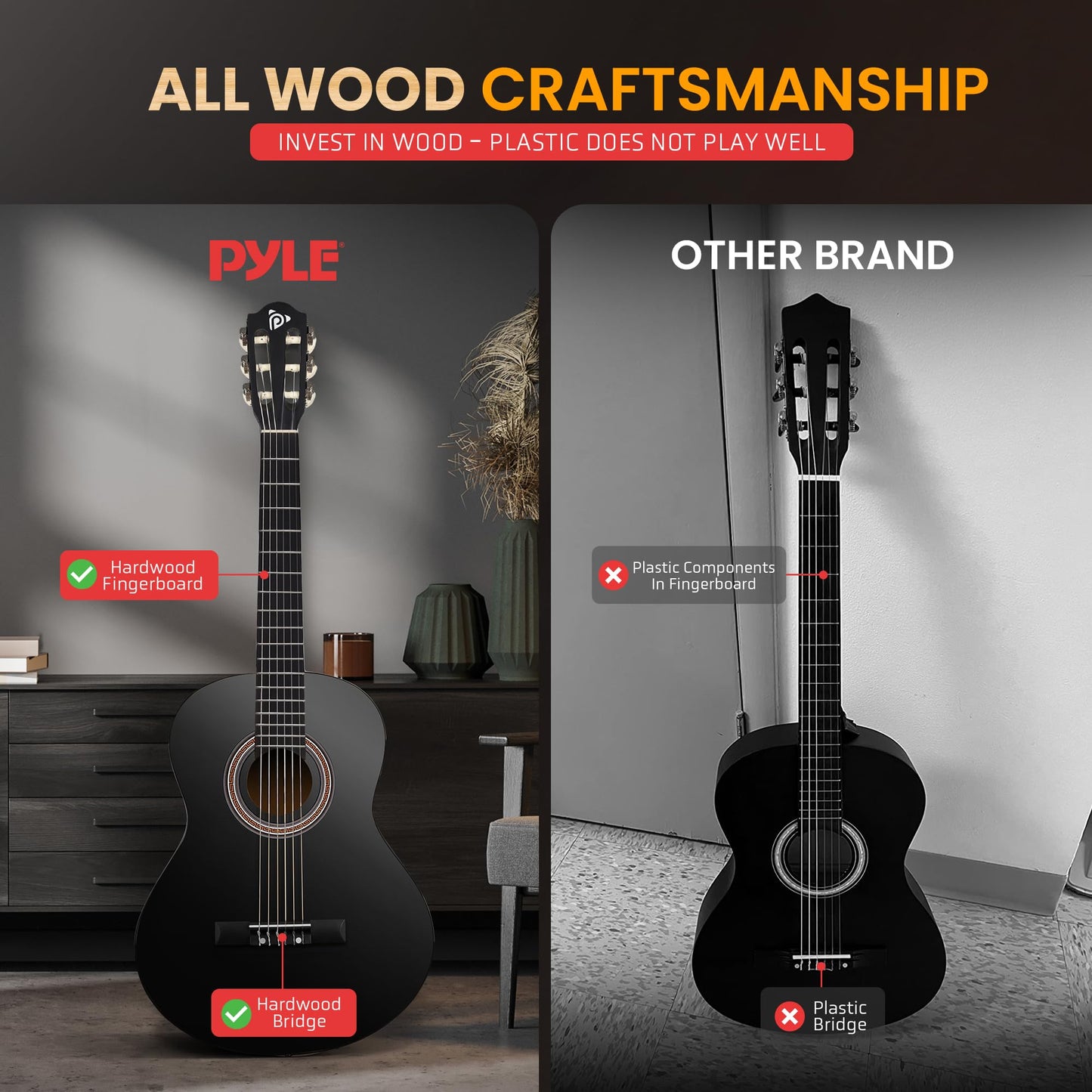 Pyle Beginner Acoustic Guitar Kit, 3/4 Junior Size Instrument for Kids, Adults, 36" Black gloss