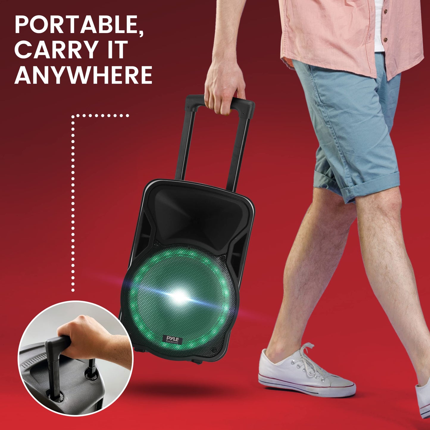 PyleUsa Portable Bluetooth PA Speaker-300W 12” Rechargeable Indoor/Outdoor BT Karaoke Audio System - LED Display, FM/AUX/MP3/USB/SD,1/4" in, Handle, Wheels-Wireless & Wired Mic, Remote Control