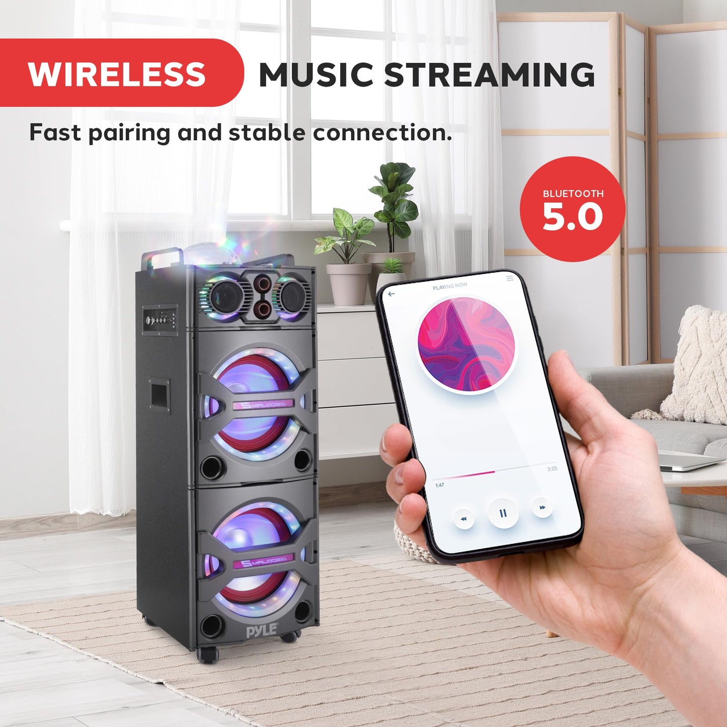 Pyle Portable Bluetooth PA Speaker System - 2000W Active powered Outdoor Bluetooth Speaker Portable PA System w/ Microphone In, Party Lights, USB SD Card Reader, AUX/RCA/FM Radio, Wheels - PSUFM1043BT