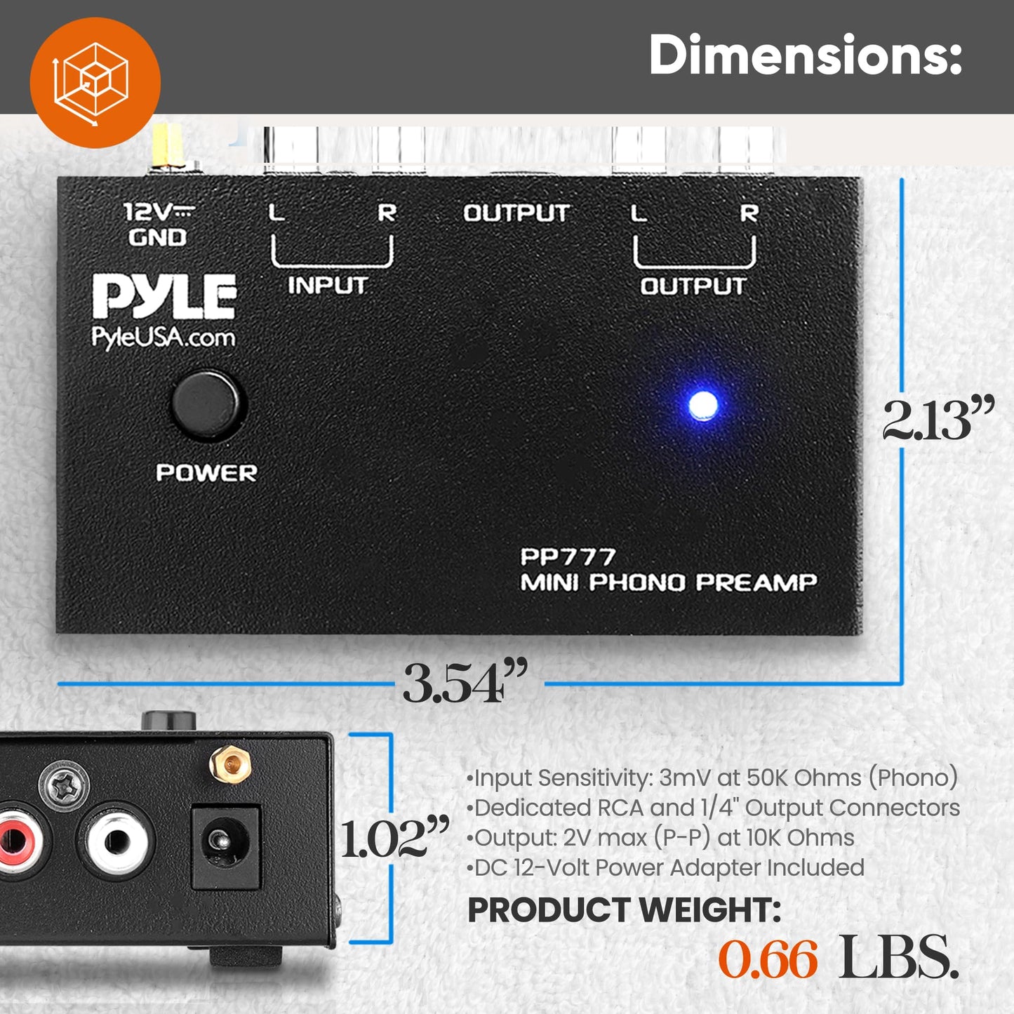 Pyle Mini Phono Turntable Preamp - Stereo Preamplifier with RCA Input/Output - Low Noise - Powered by 12V DC Adapter - Ideal for Vinyl & Phonographs - PP777