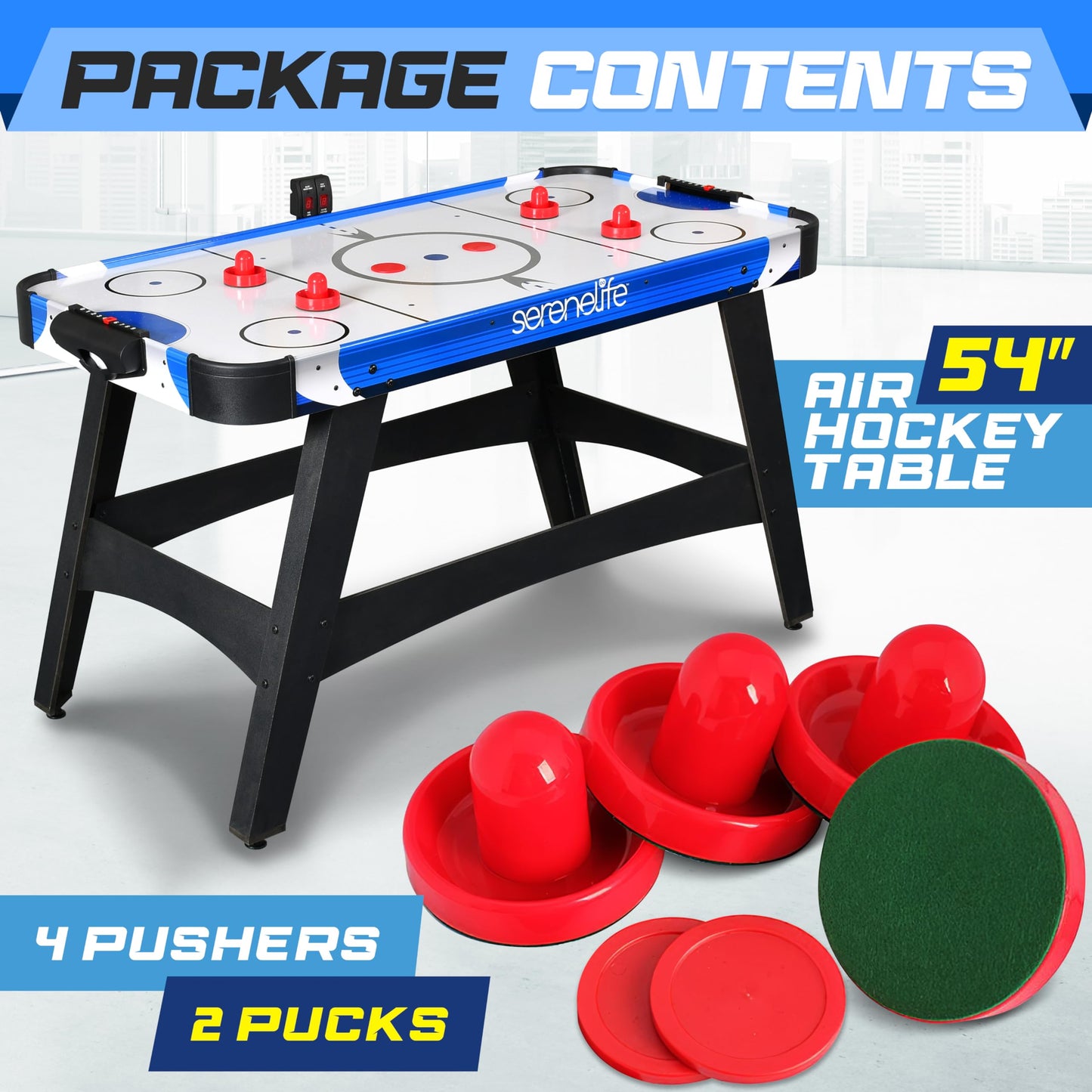 SereneLife 54" Air Hockey Game Table with 2X Stronger Motor, Light-up Scoreboard, AC in Line Power Switch Includes 2 Pucks, 2 Pushers - Blue