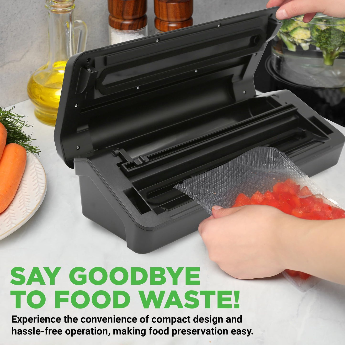 NutriChef Vacuum Sealer for Food (80Kpa) – Dry, Moist & Pulse Modes, Dual Seal, Built-in Roll Storage & Cutter, High-Power Suction, Durable Design, Includes Canister Hose & Bags