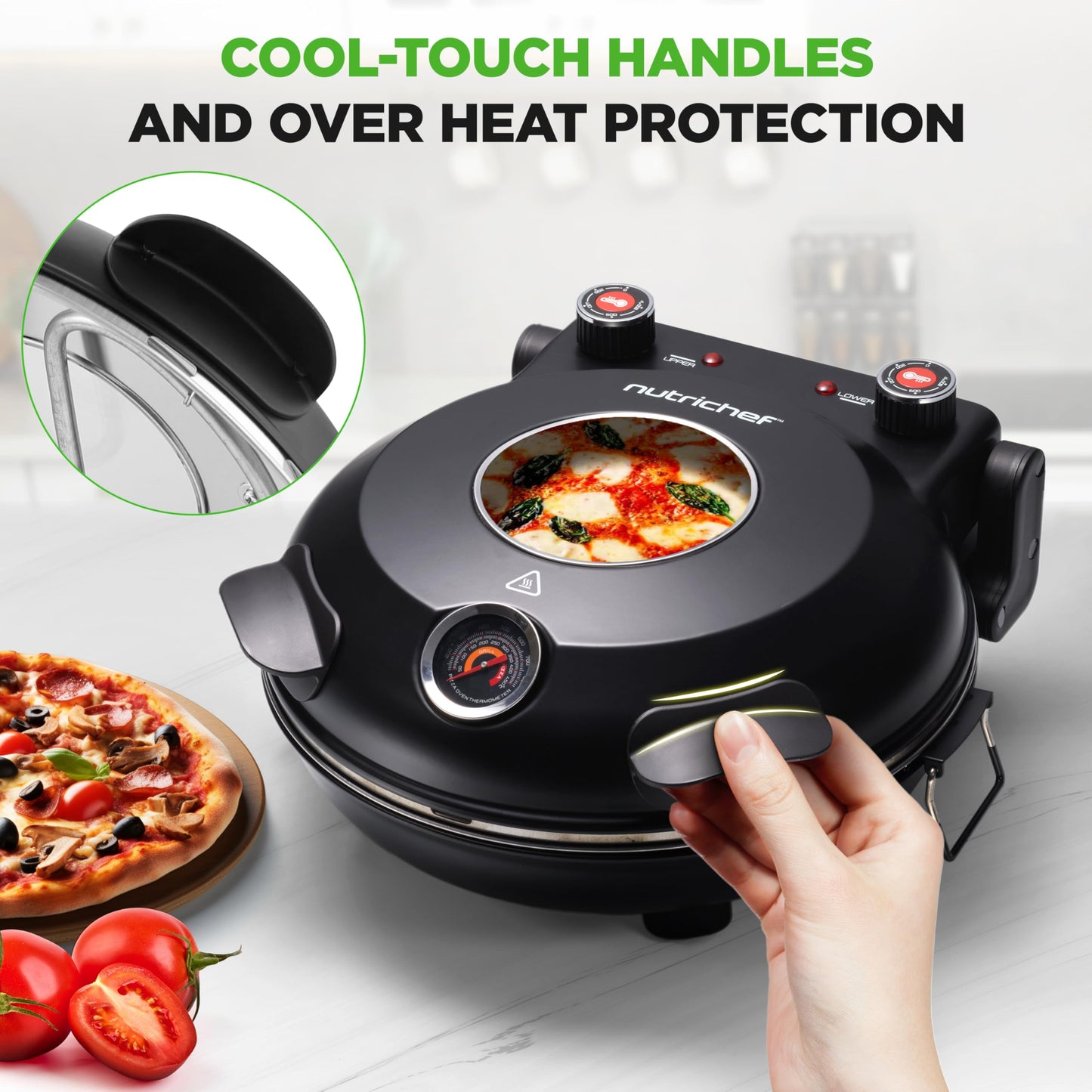 NutriChef Electric Pizza Oven | 12 Inch Countertop Pizza Maker with Temperature Control & Thermometer | Viewing Window for Precise Cooking | Heats up to 800F | Easy to Clean Non-Stick Stone | Black