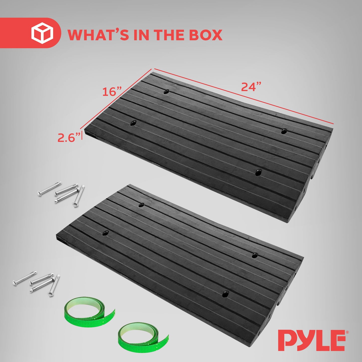 Pyle 2 Ft. Rubber Threshold Curb Ramp Set, Green Reflective Strip for Driveways, Non-Slip Marine Grade Rubber, Pack of 2 Heavy Duty Car Ramps for Trucks, RVs, Forklifts, 24.0’’x 16.0’’ x 2.6’’ Inches