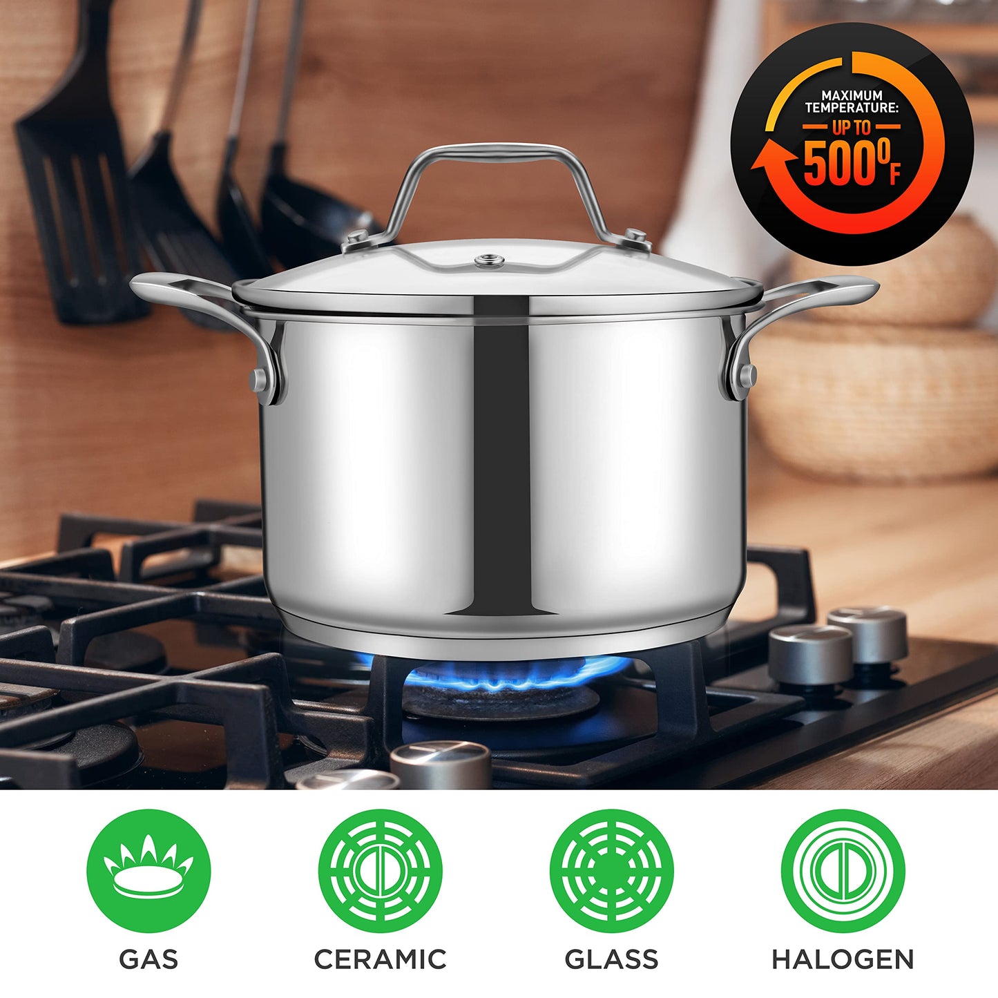 NutriChef 3-Quart Stainless Steel Pot with Glass Lid - 18/8 Food Grade Heavy Duty Cookware Stockpot for Stews, Simmering & Soups, Dishwasher Safe, For Induction, Gas & Ceramic Cooktops - NCSP3