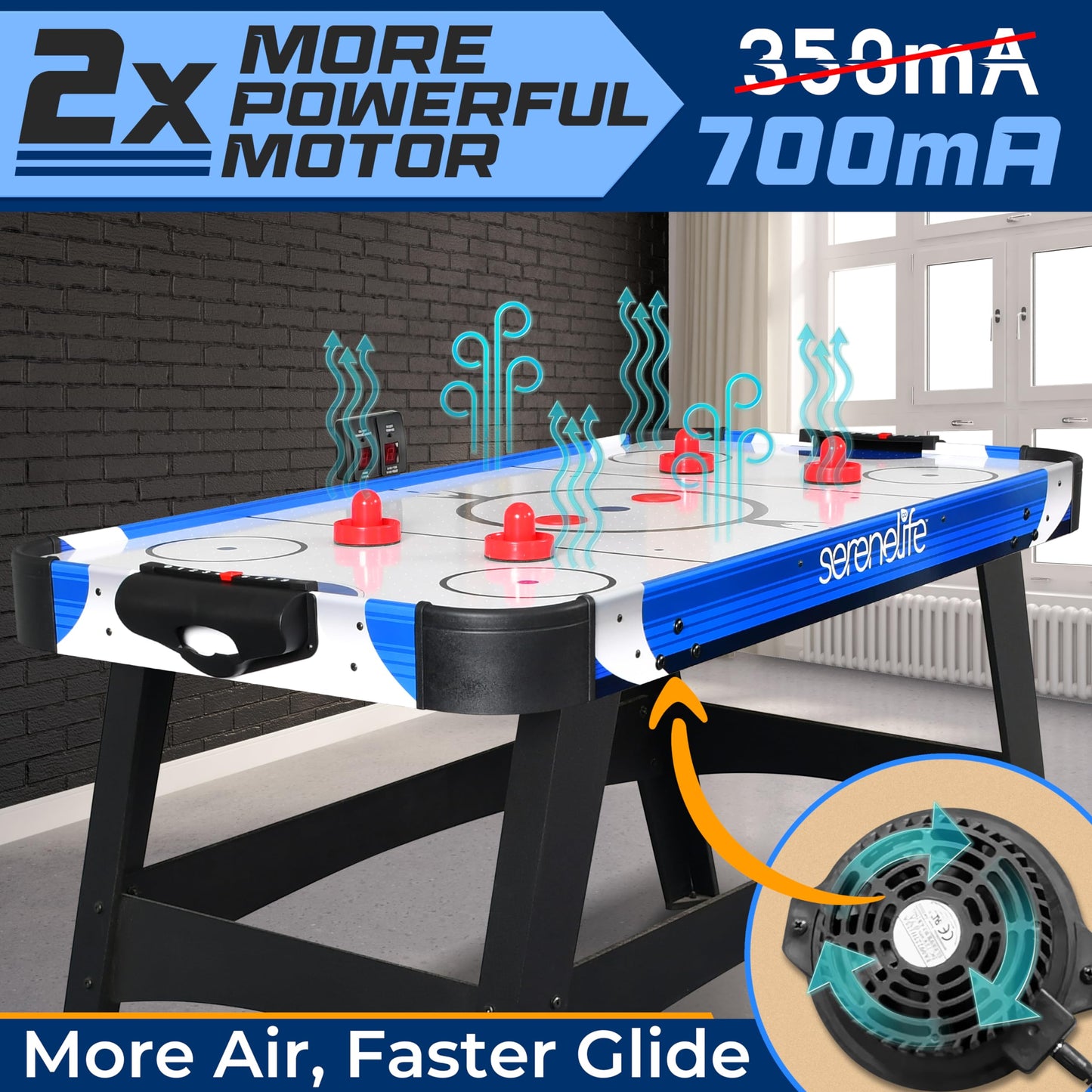 SereneLife 54" Air Hockey Game Table with 2X Stronger Motor, Light-up Scoreboard, AC in Line Power Switch Includes 2 Pucks, 2 Pushers - Blue