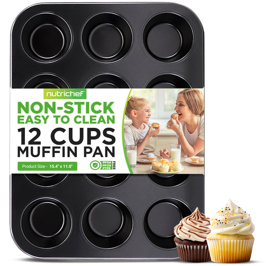 NutriChef 12-cup Black Oven Muffin Pan, Non-Stick Coated Layer Surface, Even Heating Muffin Tray for Muffins, Cupcakes, Pastries & Mini Pies, Used for Model Number NCBK6BK