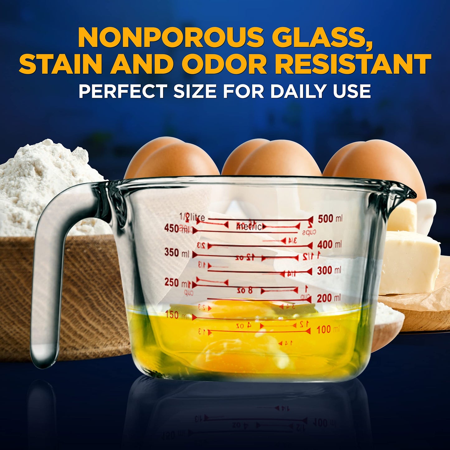 NutriChef High Borosilicate Glass Measuring Cup with Customized Decal Scale, 500 ml, Safe to Use in Microwave and Freezer, Oven and Dishwasher Safe