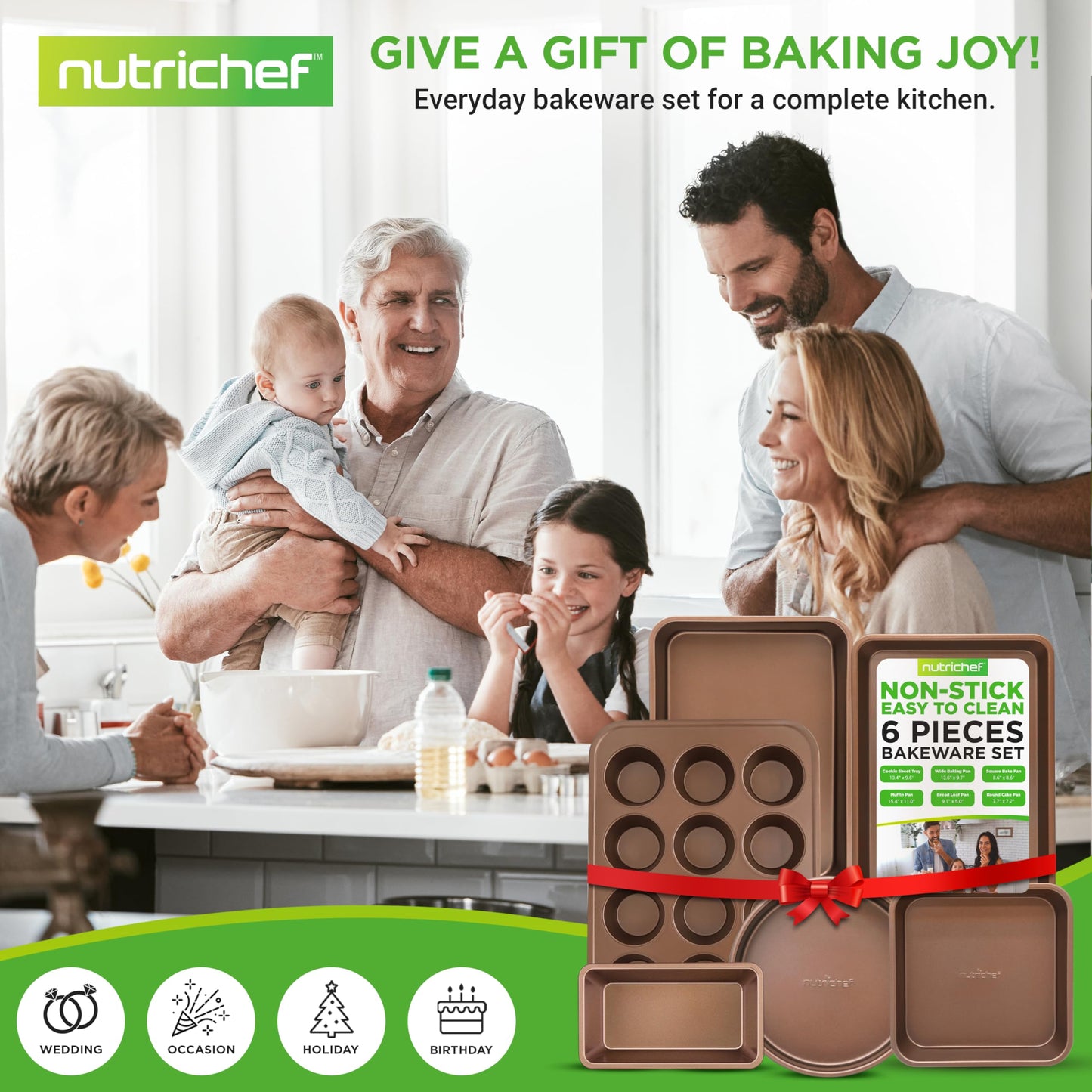 NutriChef 6-Piece Nonstick Bakeware Set, Carbon Steel Baking Pans, Includes Cookie Trays, Wide & Square Bake Pan, Bread Loaf & Round Cake Pan, Muffin Pan - Gold