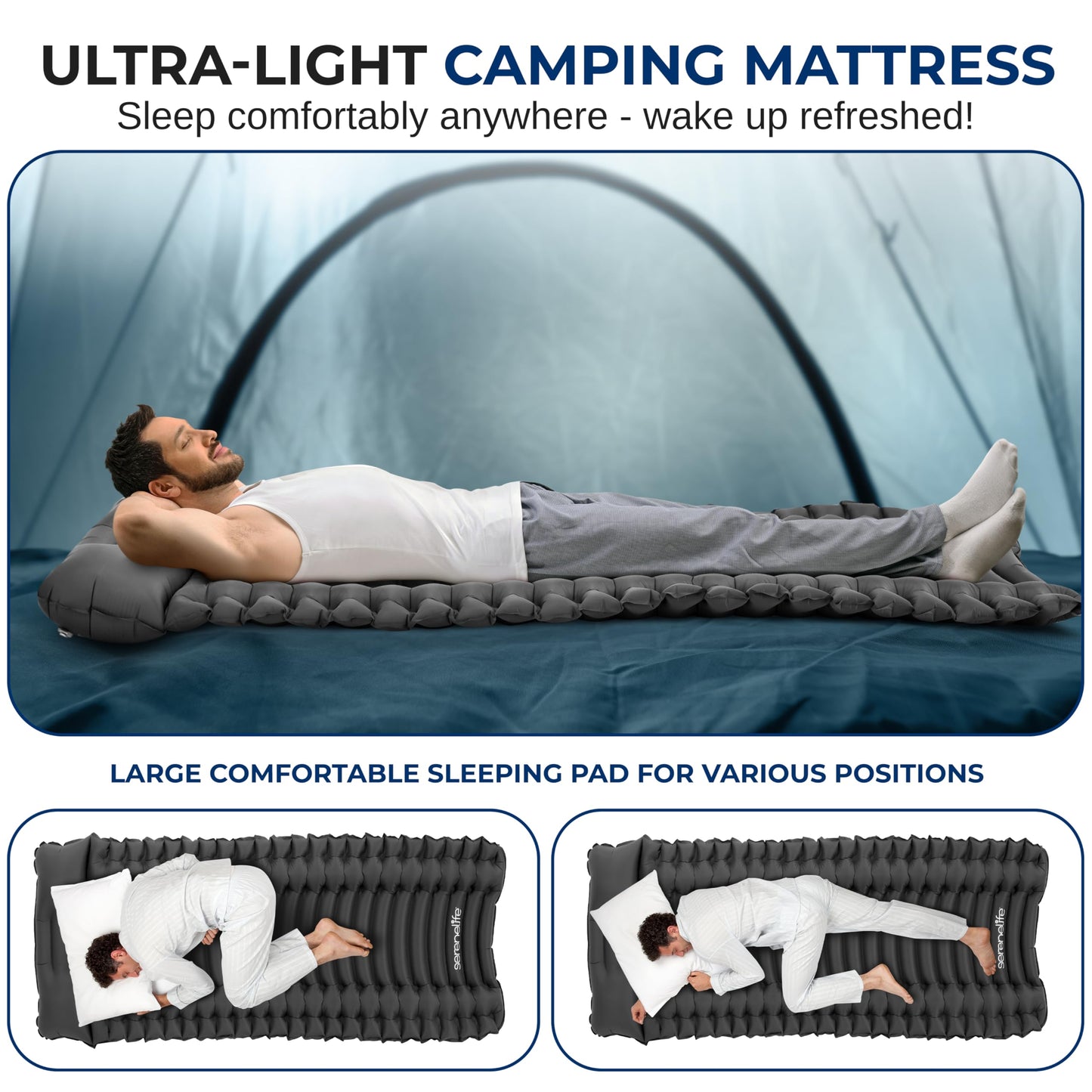 SereneLife Sleeping Pad with Pillow for Camping - Compact Sleeping Mat with Fast Inflation, Lightweight, and Tear-Resistant Backpacking Air Mattress with Carry Bag for Camping, Backpacking, Hiking