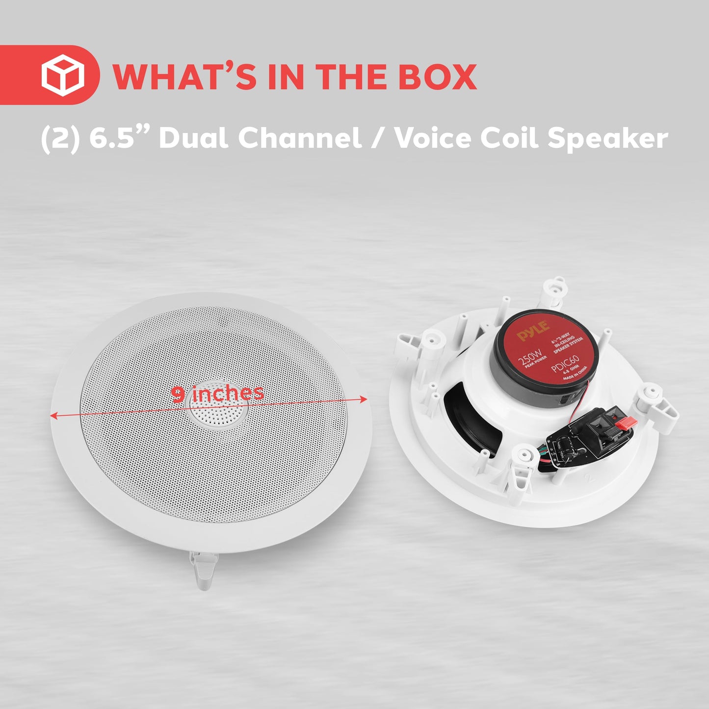 Pyle 6.5'' In-Wall/In-Ceiling Midbass Speakers (Pair) - 2-Way Woofer Speaker System Directable 1” Titanium Dome Tweeter Flush Mount Design w/ 65Hz - 22kHz Frequency Response 250 Watts Peak - PDIC60