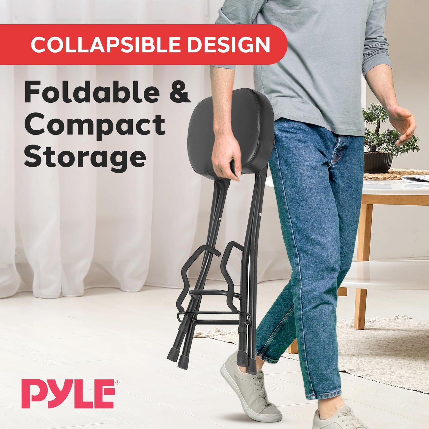 Pyle Adjustable Guitar Seat with Built-In Stand, EVA Foam Padded Cradles, Removable Backrest, Non-Slip Rubber Feet, Collapsible Design – Fits Acoustic, Electric & Bass Guitars – 300 lbs Capacity