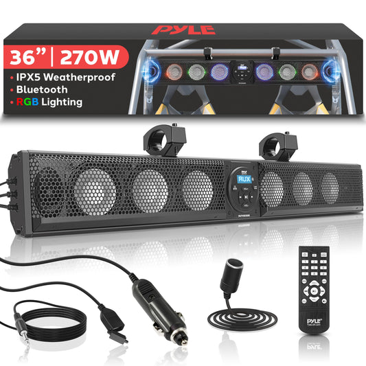 Pyle 36" Marine Sound Bar Speaker System for ATV/UTV with Bluetooth, 270W Peak Power, Built-in Amplifier, 6x4 Woofers, 2x1 Treble, Remote Control, USB/AUX Input, Handlebar Mount, IPX5 Waterproof