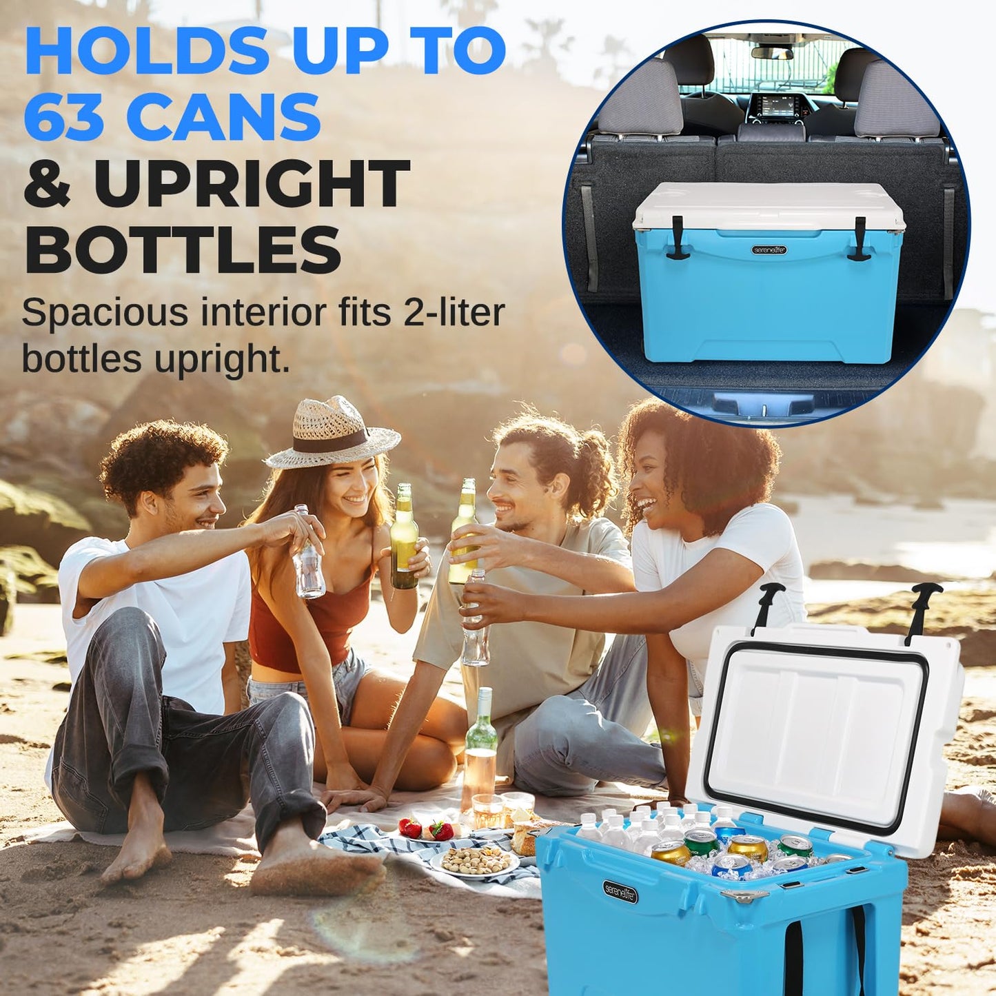SereneLife Ultra-Tough 75 Quart Rotomolded Cooler Box with Wheels, Holds Upto 104 Cans, Keeps Ice Up to 5 Days, Heavy-Duty Insulated Portable Ice Chest Box, Ideal for Camping, Beach, and Outdoors