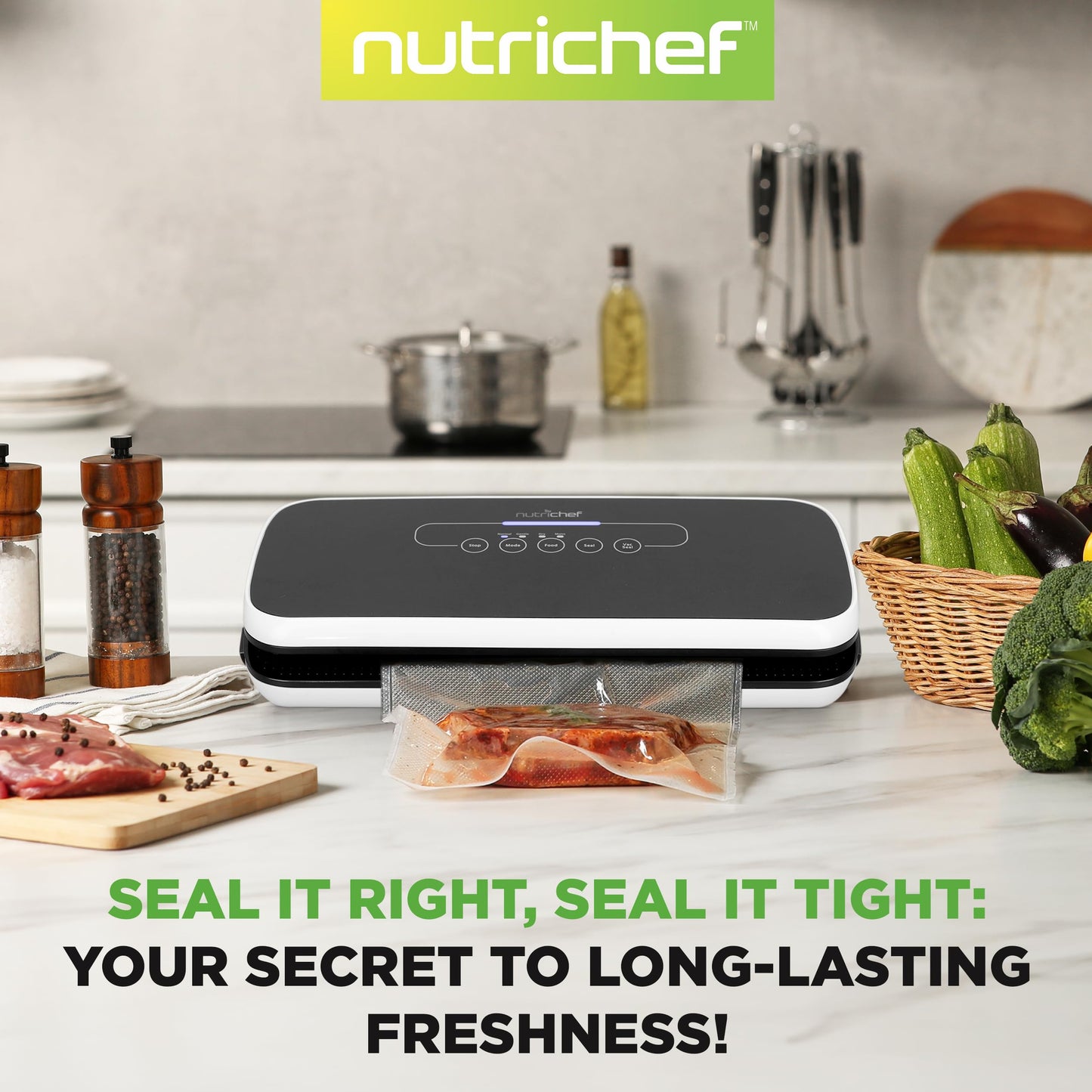NutriChef Food Vacuum Sealer Machine - Automatic Air Sealing System for Dry & Moist Foods, LED Touch Controls, Includes Vacuum Bags, Hose & Wine Stopper, High Suction Power, 14"x6"x3", Black