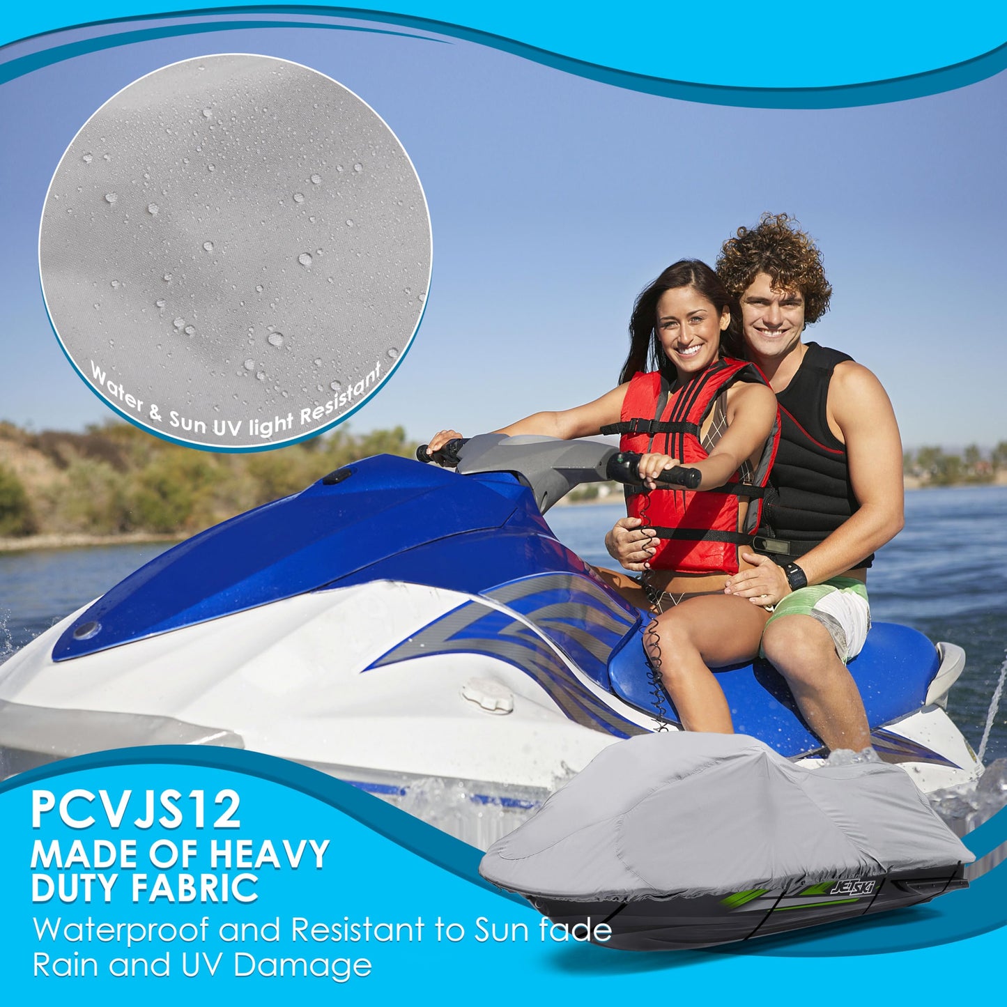 Heavy Duty Jetski Storage Cover - 118” to 126” Marine Grade Boat Cover with Rear Air Vents, Waterproof & Weather Resistant Fabric & Elastic Cord for Tight Custom Fit - Pyle PCVJS12