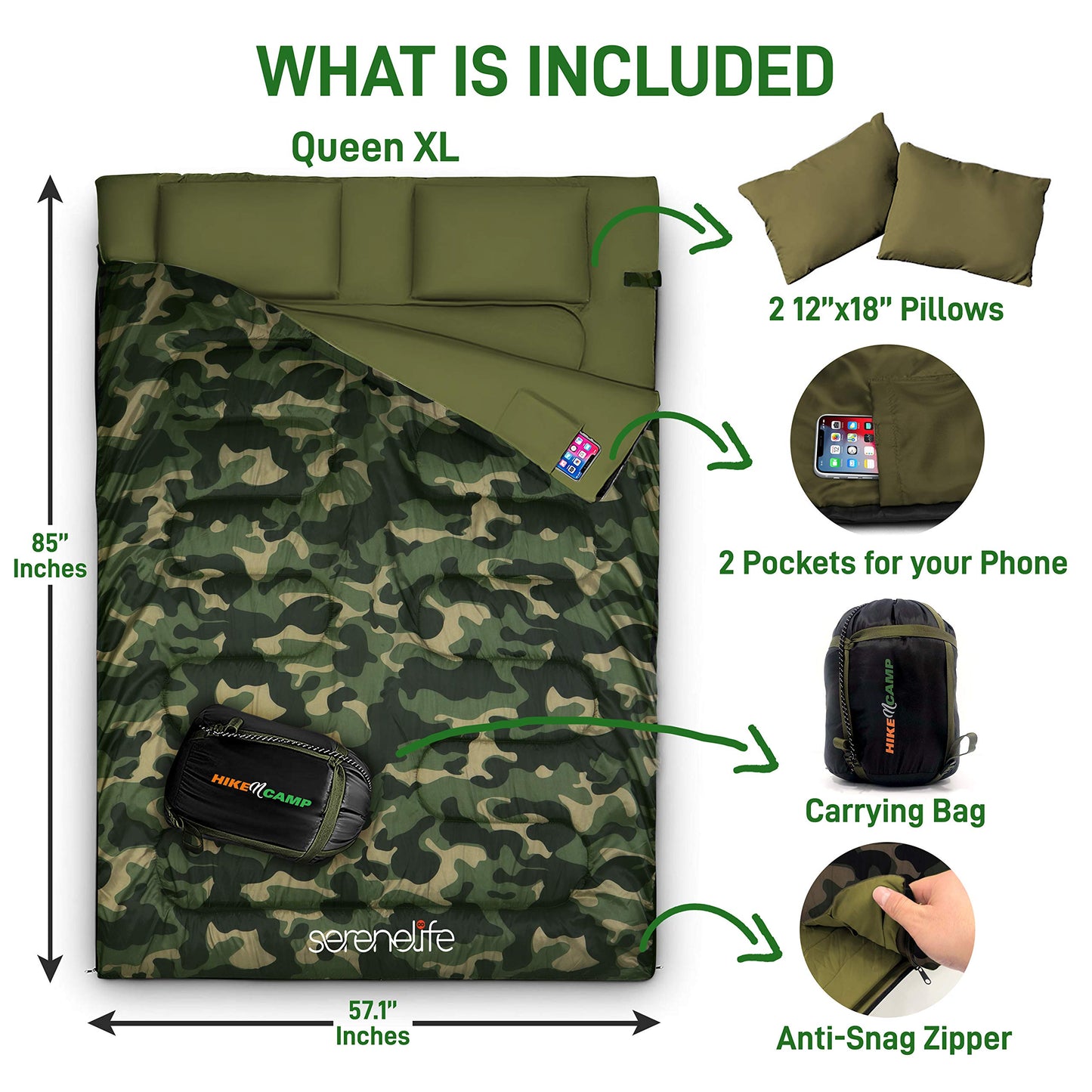 SereneLife Backpacking Sleeping Bag Camping Gear - Double Sleeping Bag for Adults/Teens w/ 2 Pillows, Bag - Outdoor Lightweight Weather Proof Sleeping Bags - Camping, Hiking - SLSBCA (Camouflage)