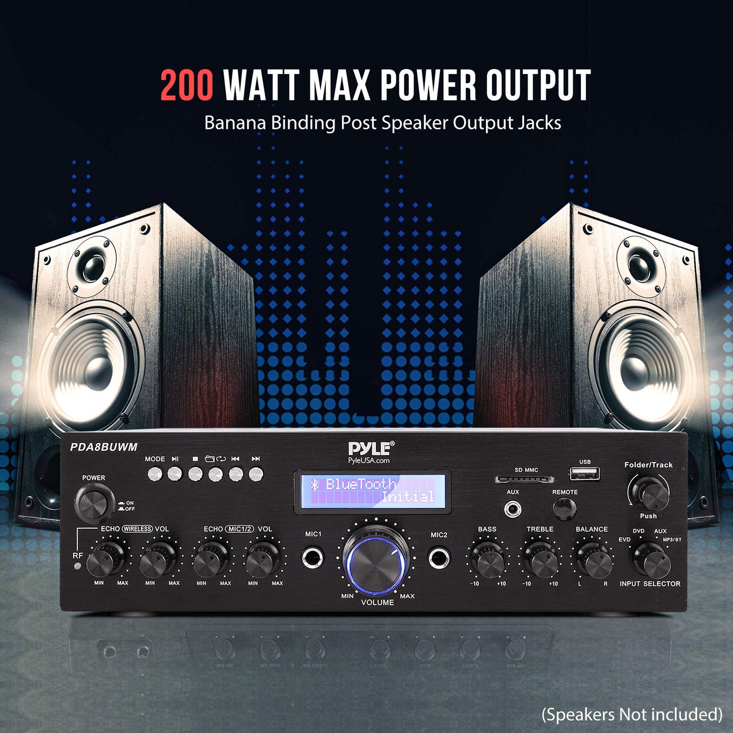 Pyle Wireless Microphone Bluetooth Amplifier-200W Peak Power Dual Channel Stereo Audio Receiver w/USB,AUX in, Dual Mic Inputs w/Echo Control,RCA Input, For Karaoke,Home Theater,Music Studio- PDA8BUWM