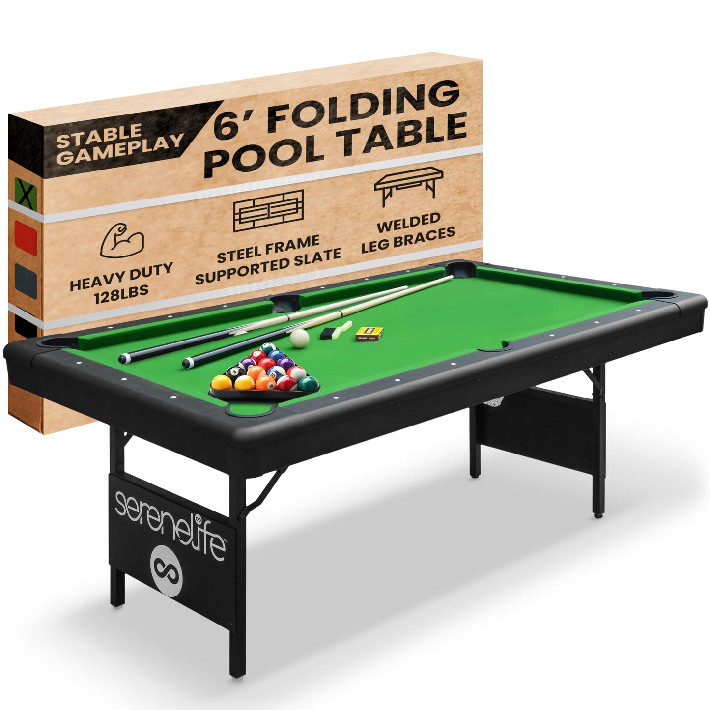 SereneLife 6-Ft Folding Pool Table - Portable Billiard Table - Includes 2X Cue Sticks, Full Set of Balls, Chalk, Brush - Foldable for Kids and Adults - SLPLTB76
