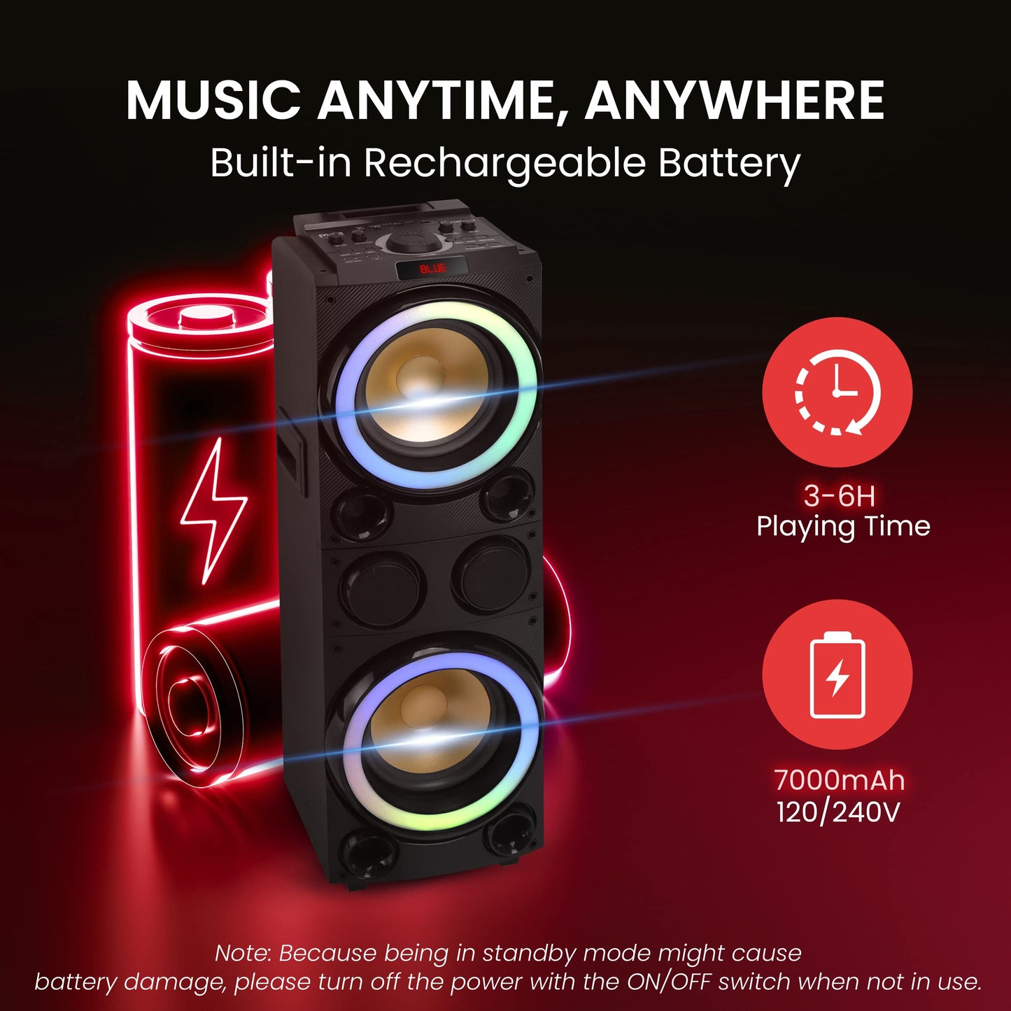Pyle 10'' Portable Bluetooth Speaker System - Karaoke Speaker w/LED Lights, USB/Micro SD/FM/BT/Aux/Remote Control/Mic & Guitar Inputs, Built-in Rechargeable Battery w/Wheels & Handle Bar