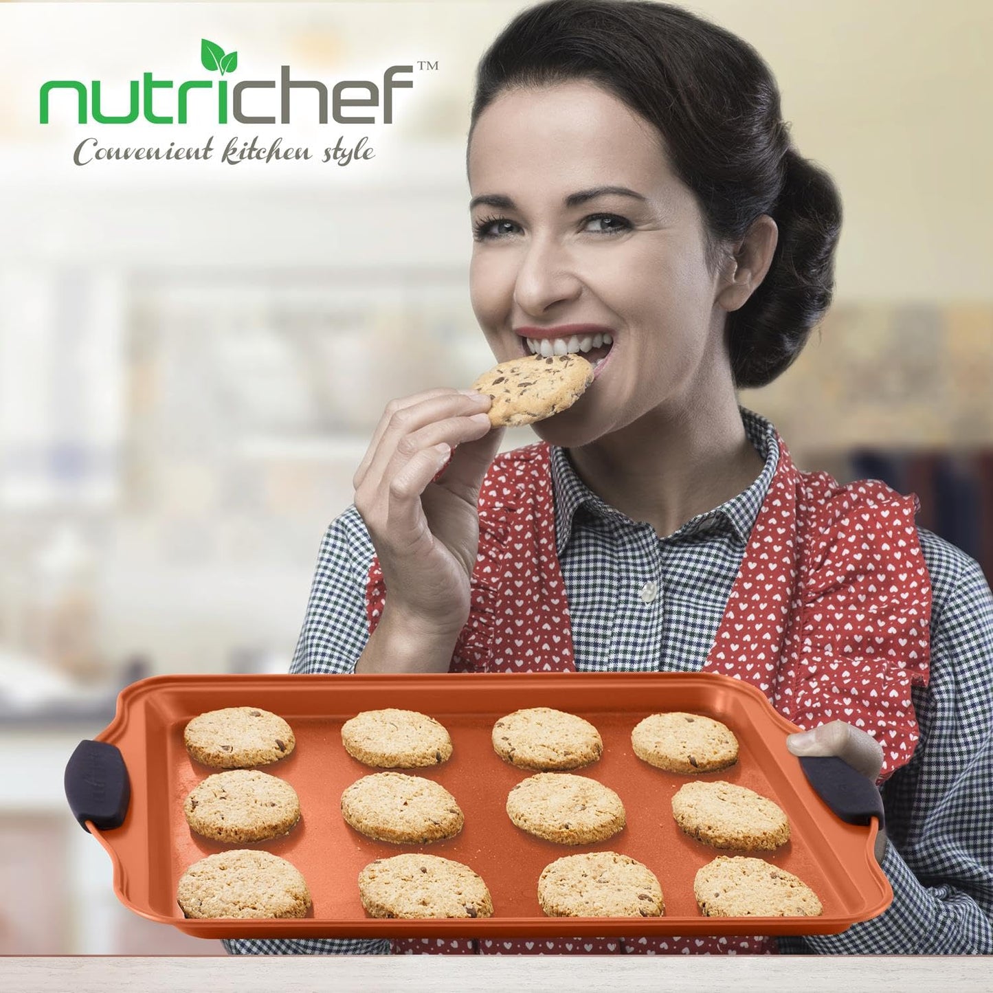 NutriChef 5-Piece Non-Stick Stackable Baking Pan Set – Heavy Duty Carbon Steel Cookie Sheets & Roasting Pan w/ Lid – Easy to Clean, Oven Safe & Wrap Resistance – Perfect for Cakes, Cookies & Baking