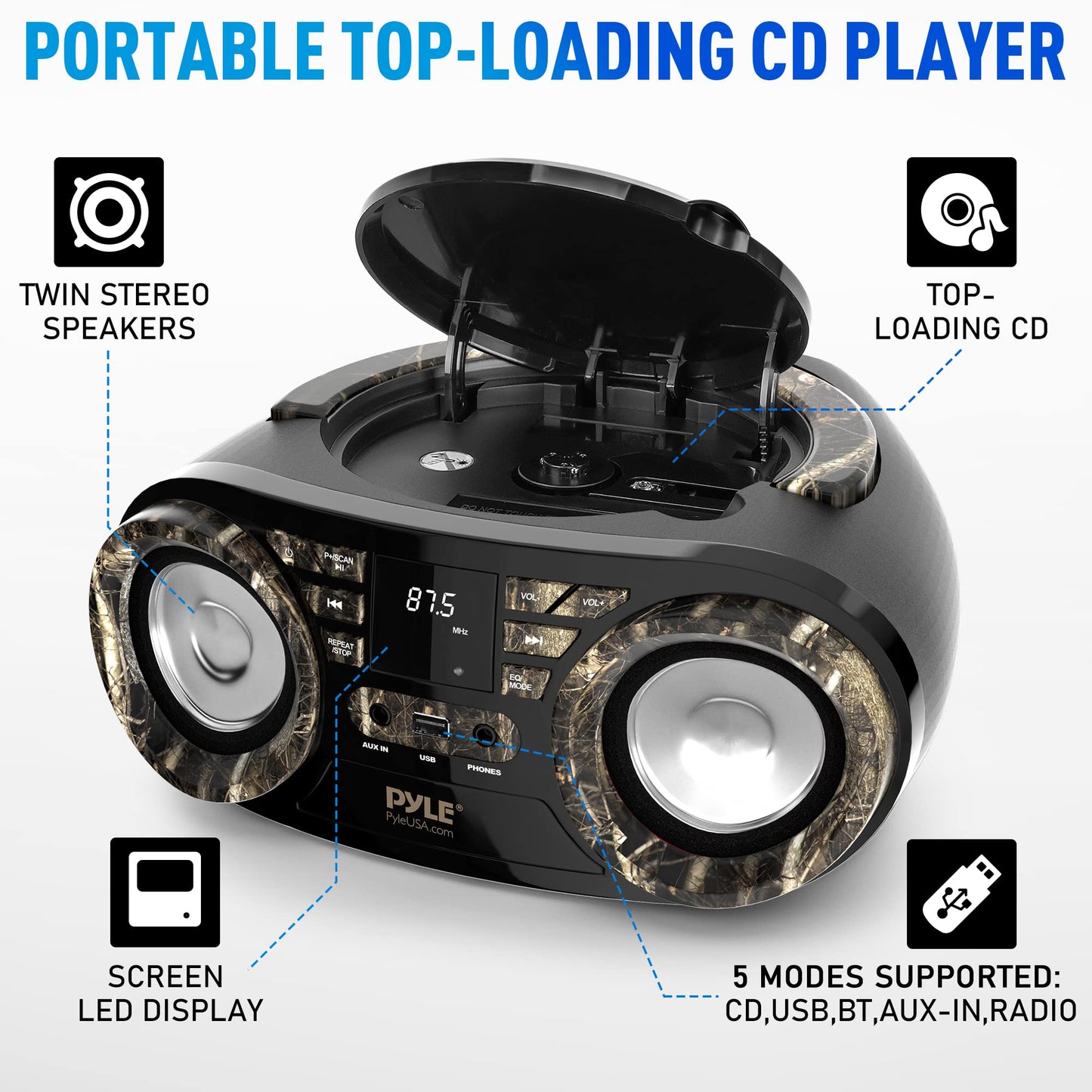 PYLE CD PLAYER PORTABLE, CD PLAYERS FOR HOME, PORTABLE CD PLAYER, 50W MAX POWER, WIRELESS BT STREAMING, AM/FM RADIO, USB PORT, INCLUDES AC/DC POWER CORD, 3.5MM AUX INPUT, HEADPHONE JACK