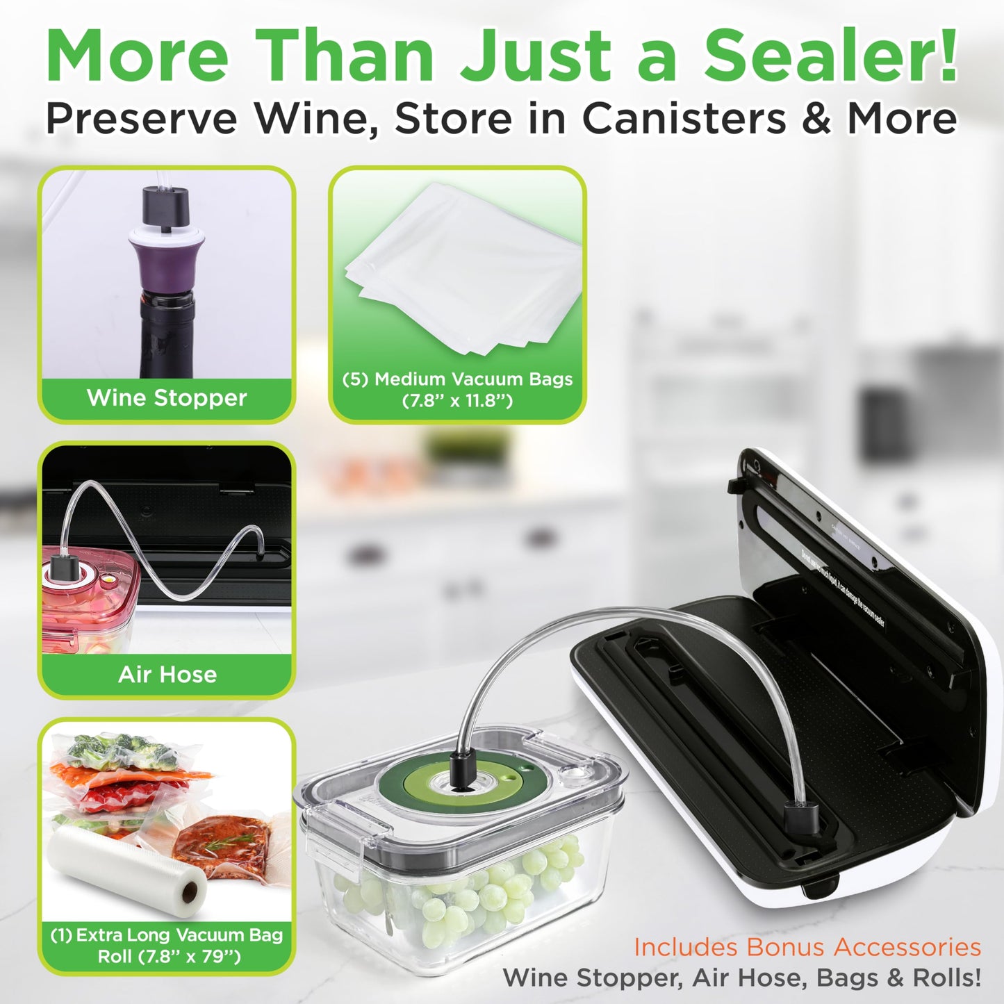 NutriChef Food Vacuum Sealer Machine - Automatic Air Sealing System for Dry & Moist Foods, LED Touch Controls, Includes Vacuum Bags, Hose & Wine Stopper, High Suction Power, 14"x6"x3", Silver