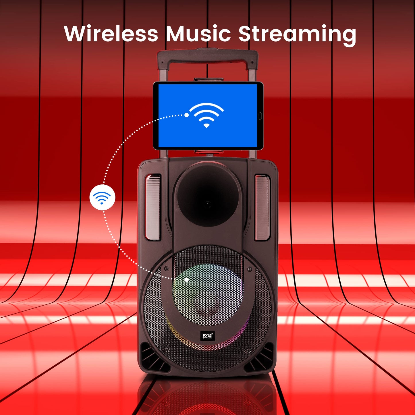 Pyle 10’’ Portable PA Speaker System - Wireless BT Streaming PA & Karaoke Party Audio Speaker, Two Wireless Mic, Wired Microphone, Tablet Stand, Flashing Party Lights, MP3/USB//FM Radio - PHPWA10TB