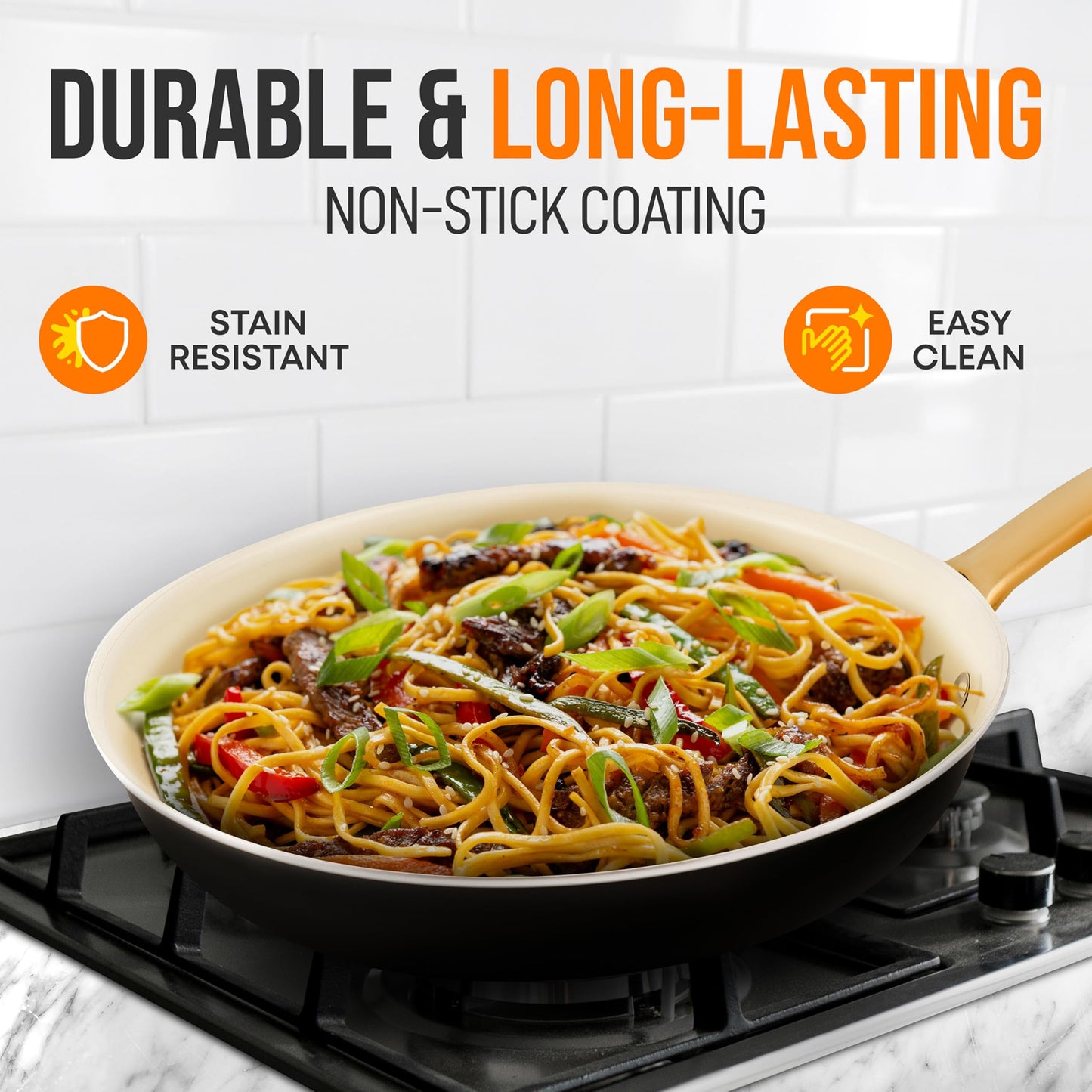 NutriChef 10-Inch Professional Ceramic Frying Pan - Medium Skillet with Golden Titanium Handle, Non-Stick Ceramic Coating, Stain-Resistant, Easy to Clean, Ideal for Home Cooking