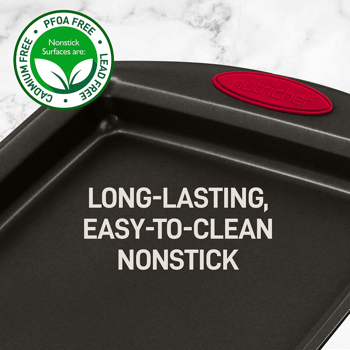 NutriChef 2-Piece Nonstick Baking Pan Set – Carbon Steel Cookie Sheet w/Red Silicone Grip Handles – Durable, Heavy-Duty Bakeware for Even Heat Distribution – Oven Safe, Easy Cleanup – Black