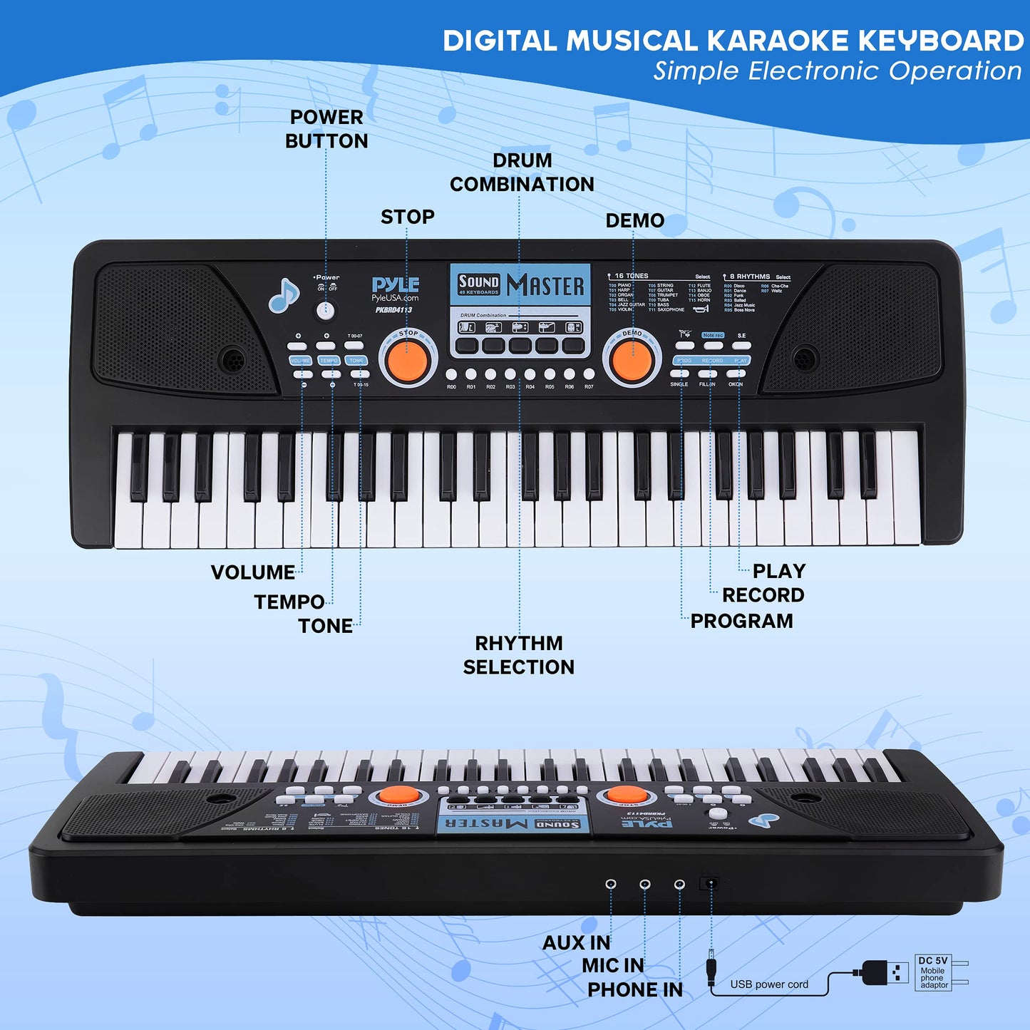 Pyle Portable Electric 49 Key 2 In 1 Karaoke 16 Tone 8 Rhythm Musical Piano Keyboard and Microphone w/ Built In Speakers & Rechargeable Battery, Black