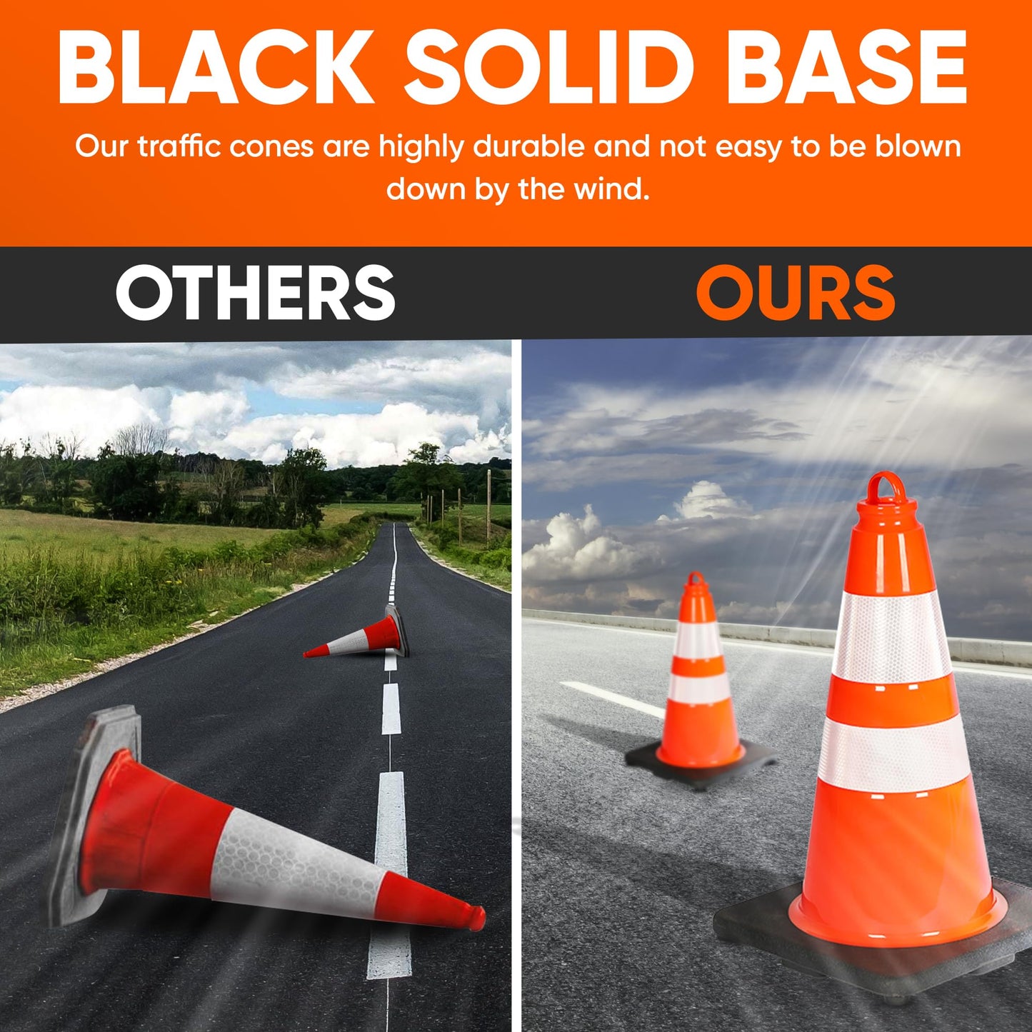 Pyle 18" PVC Traffic Cones, 6-Pack Safety Cones for Parking, Construction, Roadwork, & Sports Training, High-Visibility Orange, Durable, Stackable Design, Heavy-Duty Base for Stability in All Weather