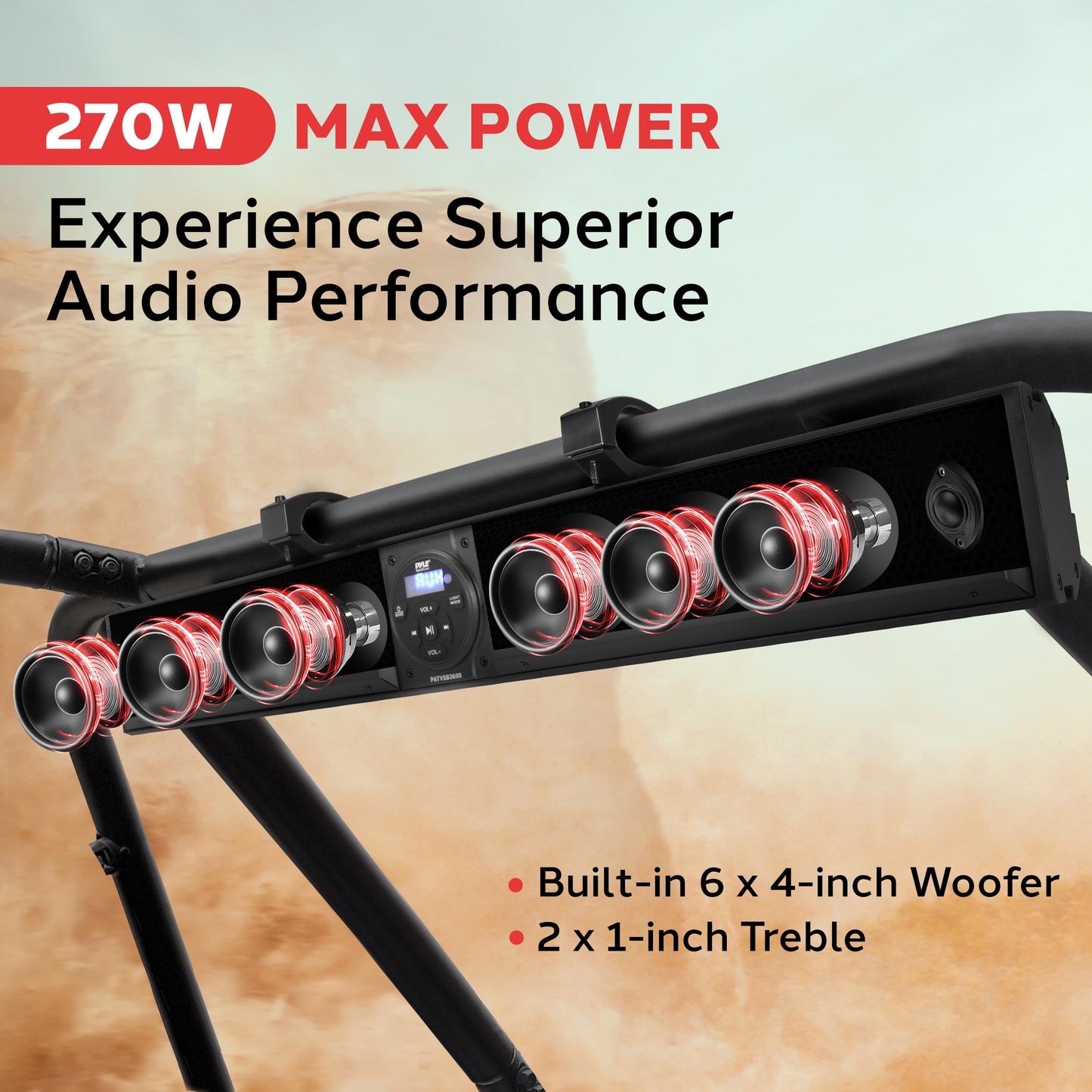 Pyle 36" Marine Sound Bar Speaker System for ATV/UTV with Bluetooth, 270W Peak Power, Built-in Amplifier, 6x4 Woofers, 2x1 Treble, Remote Control, USB/AUX Input, Handlebar Mount, IPX5 Waterproof