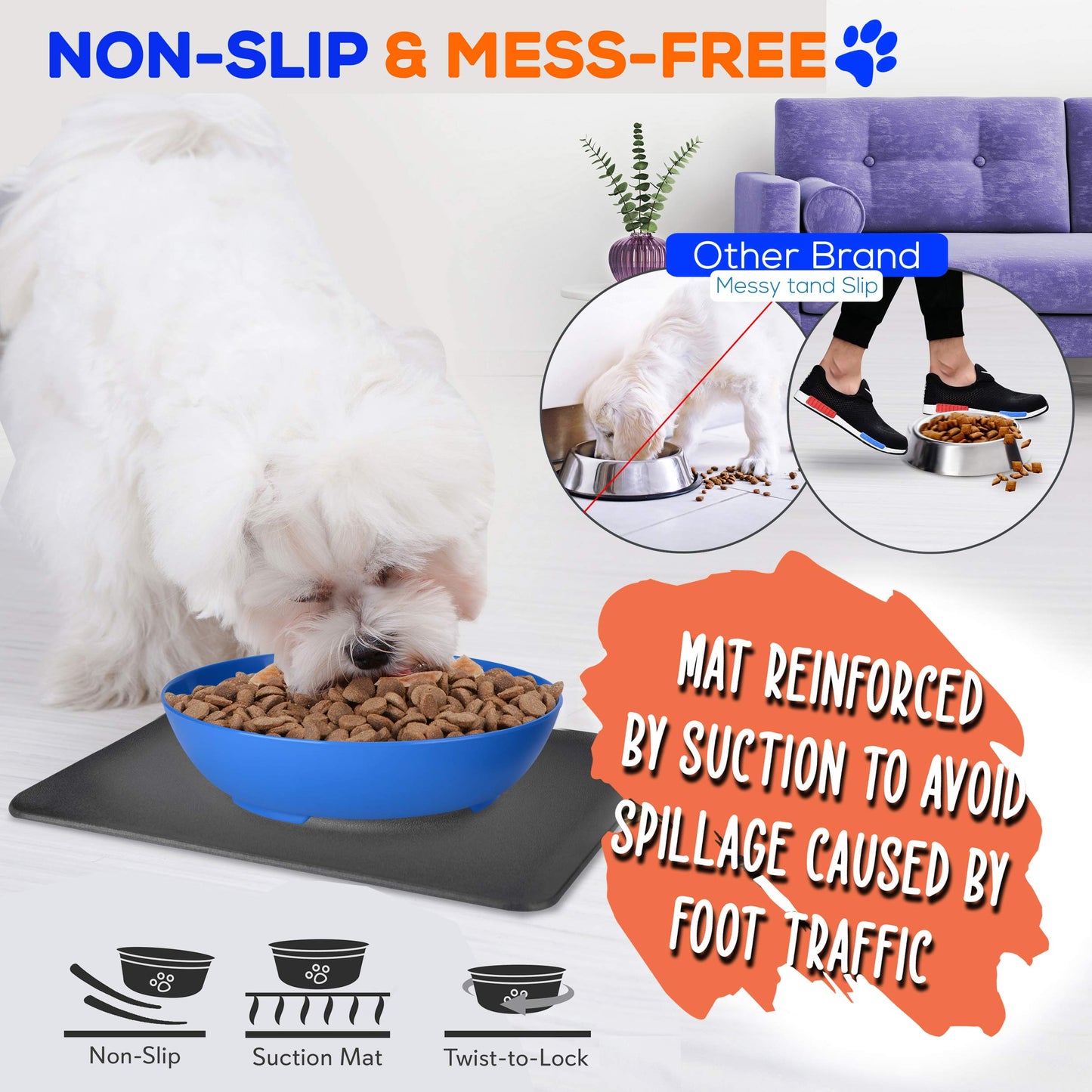 SereneLife Flip Spill Proof Set-Interlocking Non Skid Pet Puppy Cat Dog Mat-Twisty Dish Food/Water Bowl for Mess Free Feeding SLTDG6, Medium, Blue (SLTDG66)