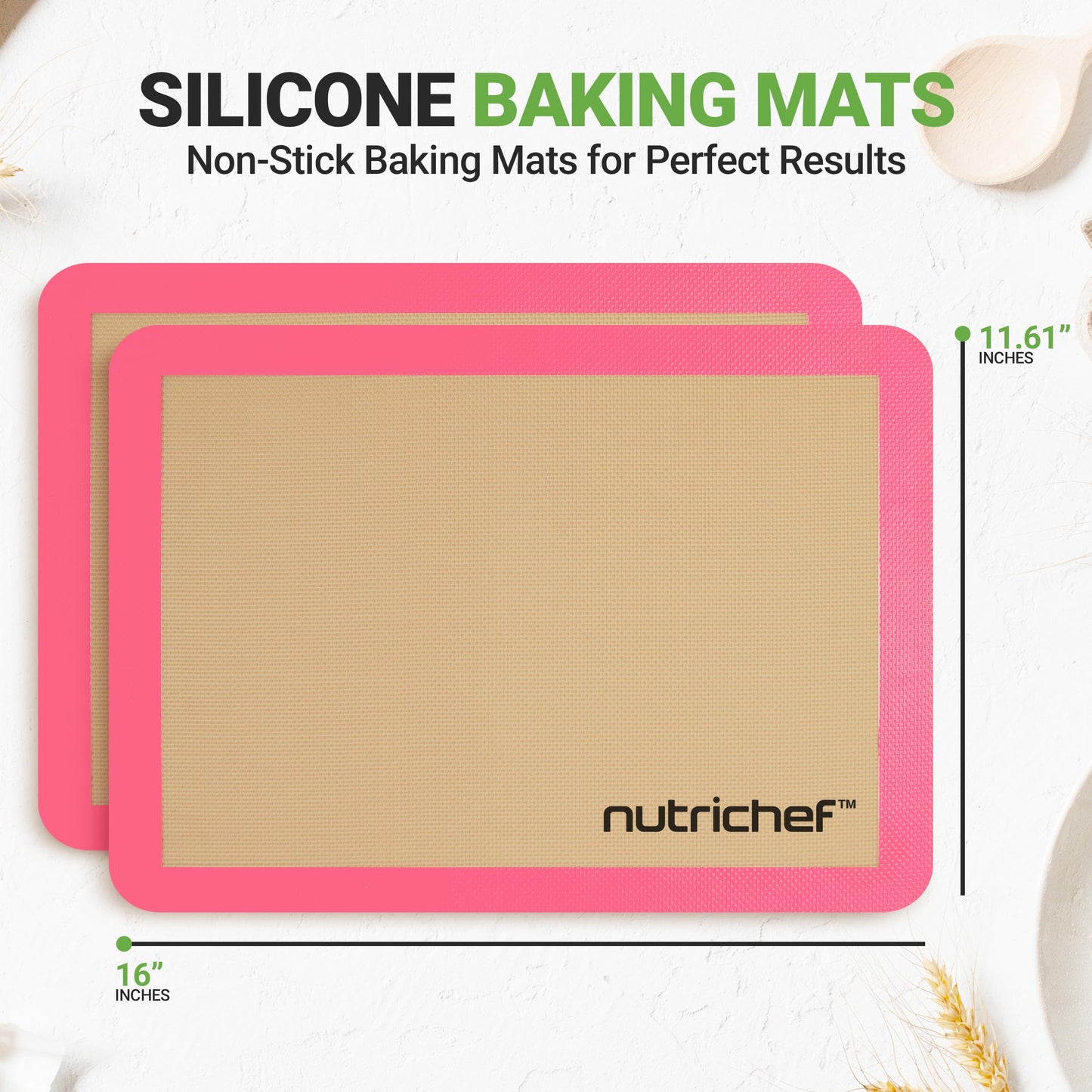Nutrichef Silicone Baking Mats - 2 Non-stick Food-Grade Reusable Silicone Mats - Perfect for Half Baking Pans 16.5 x 11.6 IN - Oven-Safe Up to 480 Degrees F - Safe for Ovens & Dishwashers - Pink