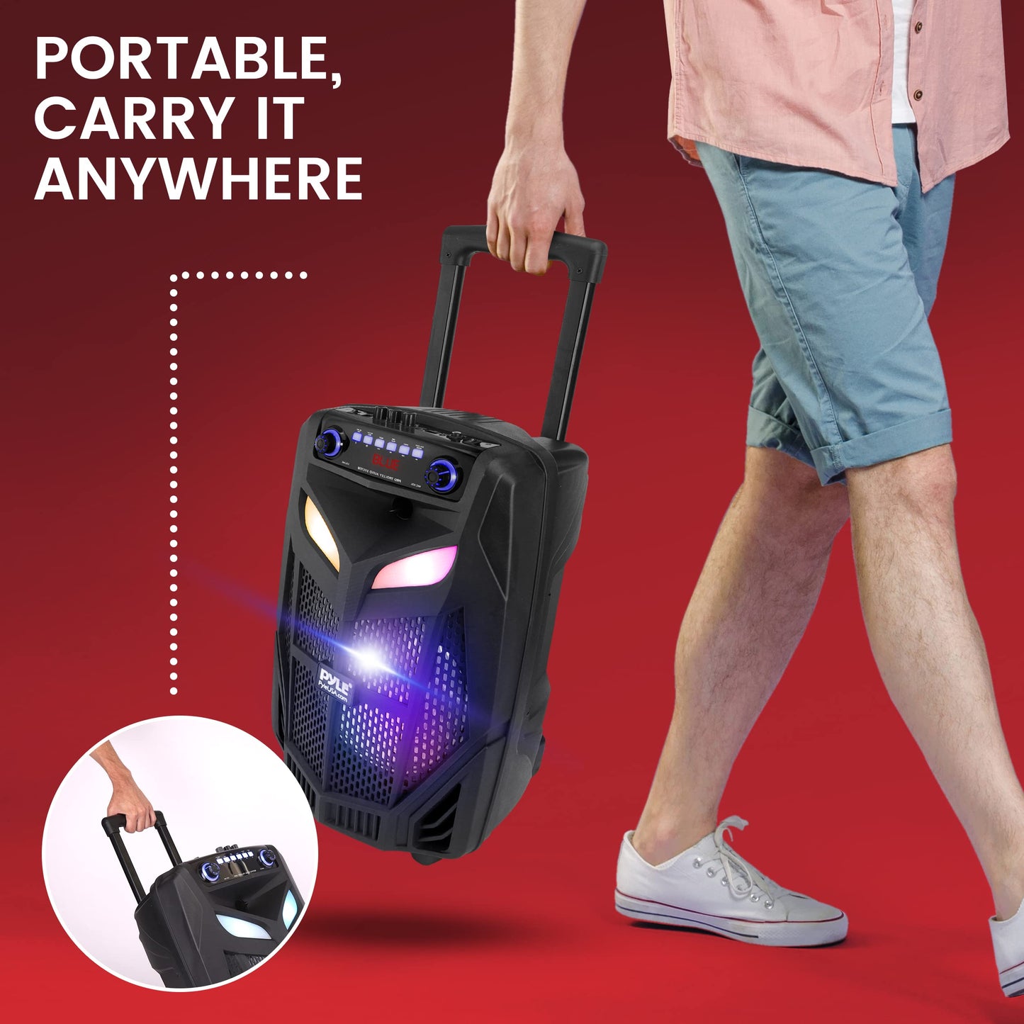 Pyle Portable Bluetooth PA Speaker System-600W 10” Indoor/Outdoor BT Speaker-Includes 2 Wireless Microphones, Party Lights, USB SD Card Reader, FM Radio, Rolling Wheels-Remote Control PPHP101WMB