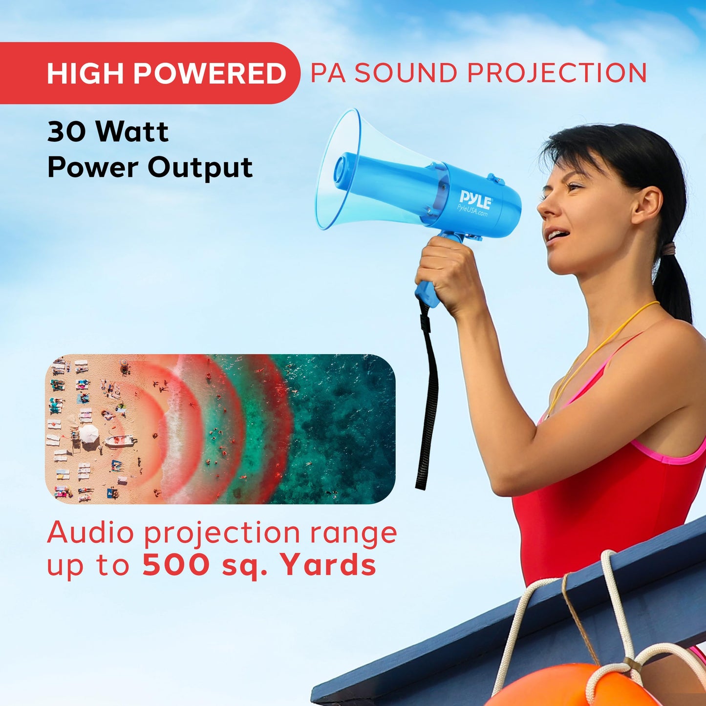 Pyle 30W Megaphone Siren Bullhorn Speaker, Rechargable, Portable and Lightweight Automatic Bullhorn for Indoor & Outdoor Use, 500 Square Yards Projection Range, Used as Siren/Music (Transparent Blue)