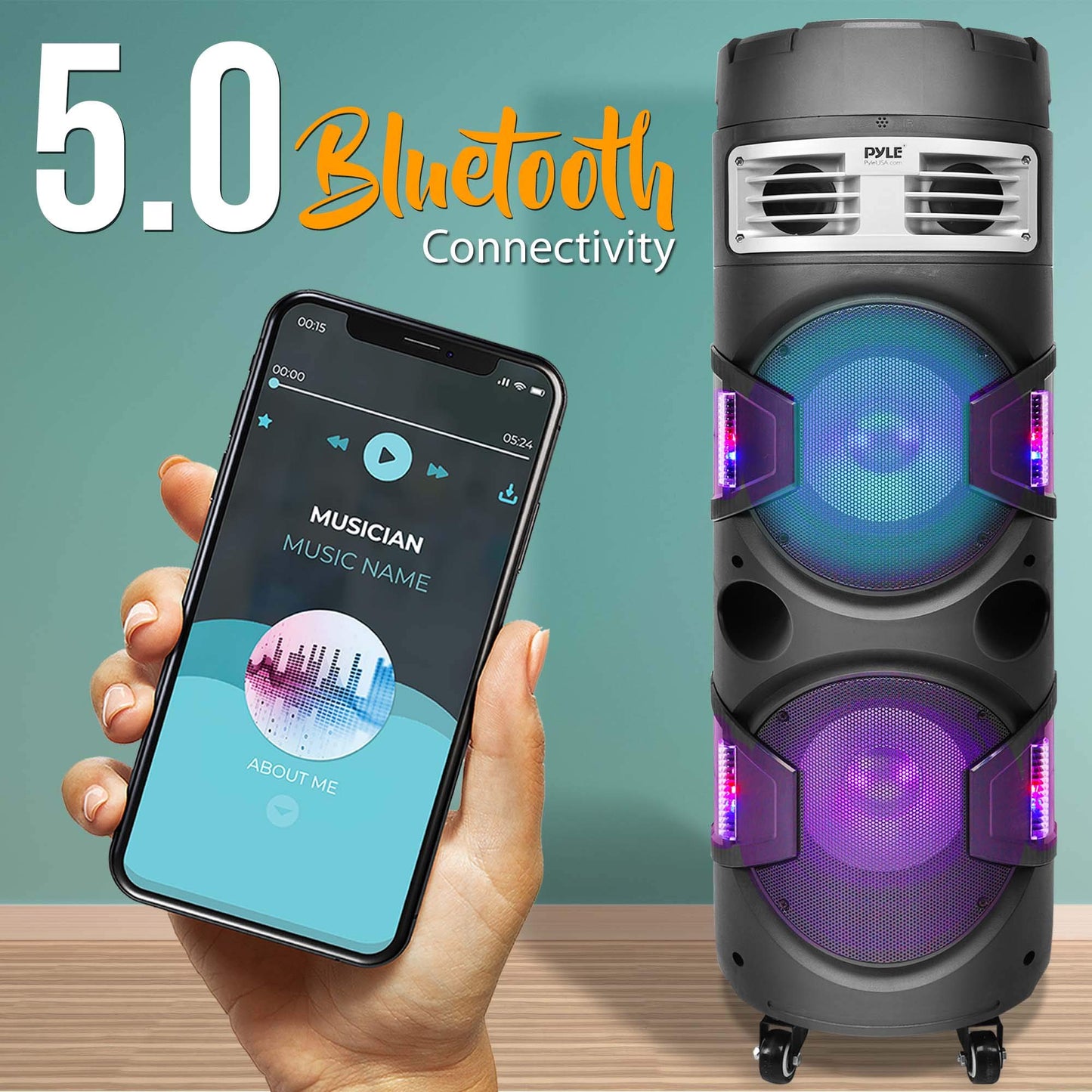 Pyle Portable Bluetooth PA Speaker System - 1200W Outdoor Bluetooth Speaker Portable PA System w/TWS Function, Microphone in, Flashing DJ Party Lights, USB Reader, FM Radio, Rolling Wheels