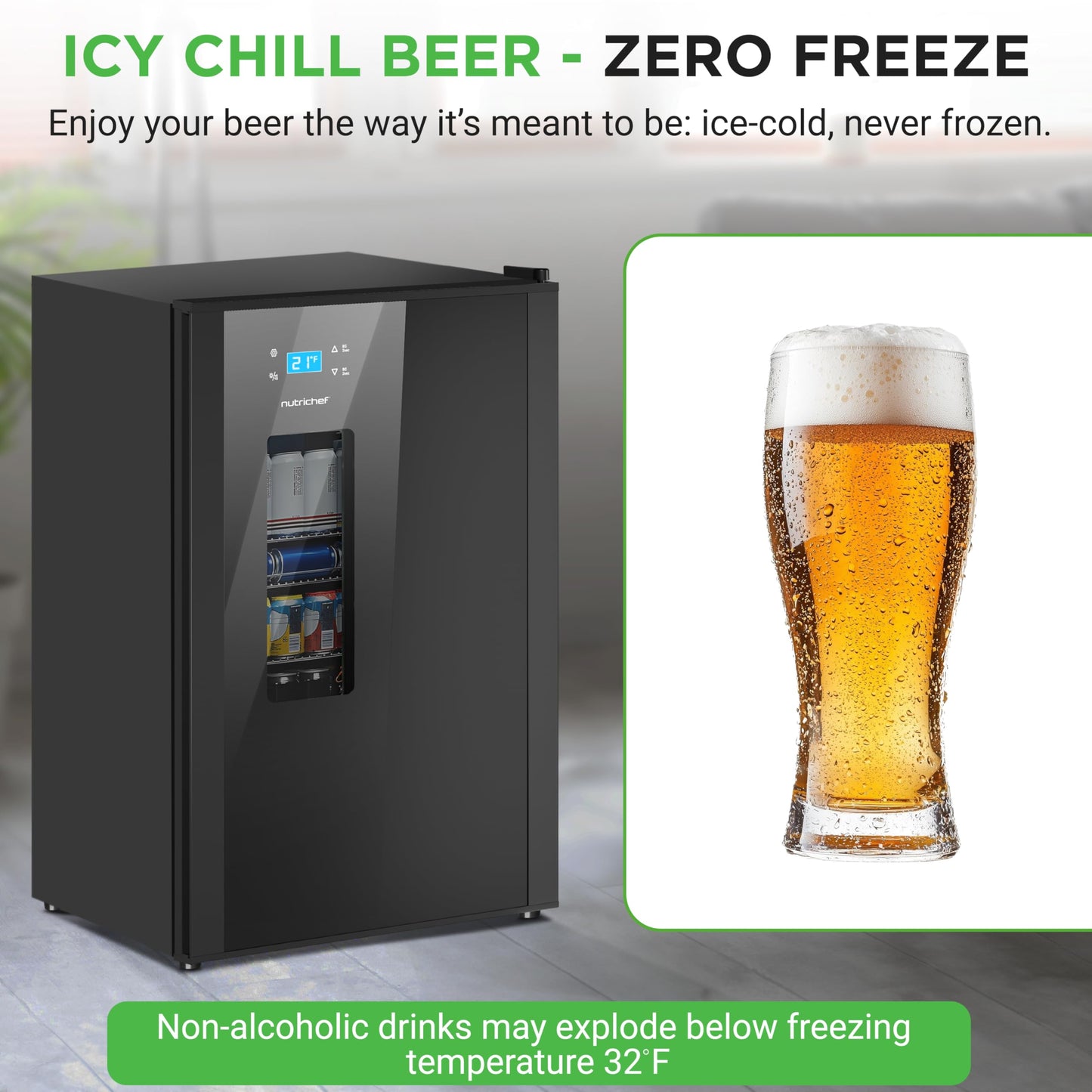 NutriChef Beer Fridge 108 Can Capacity | Freestanding Beverage Refrigerator with Glass Door for Beer & Soda | Adjustable Temperature 21°F to 64°F | Adjustable Shelves | 19 x 17 x 33 IN | Black