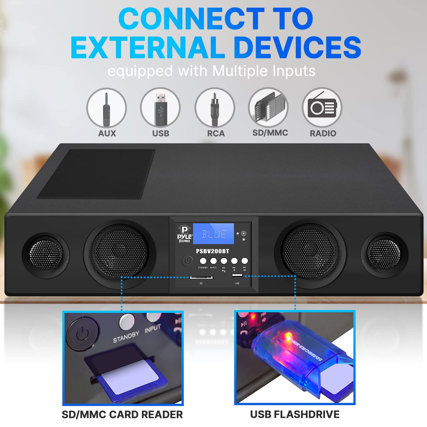 Pyle 3D Surround Bluetooth Soundbar - Sound System Bass Speakers Compatible to TV, USB, SD, FM Radio with 3.5mm AUX Input , Remote Control, For Home Theater - PSBV200BT,Black