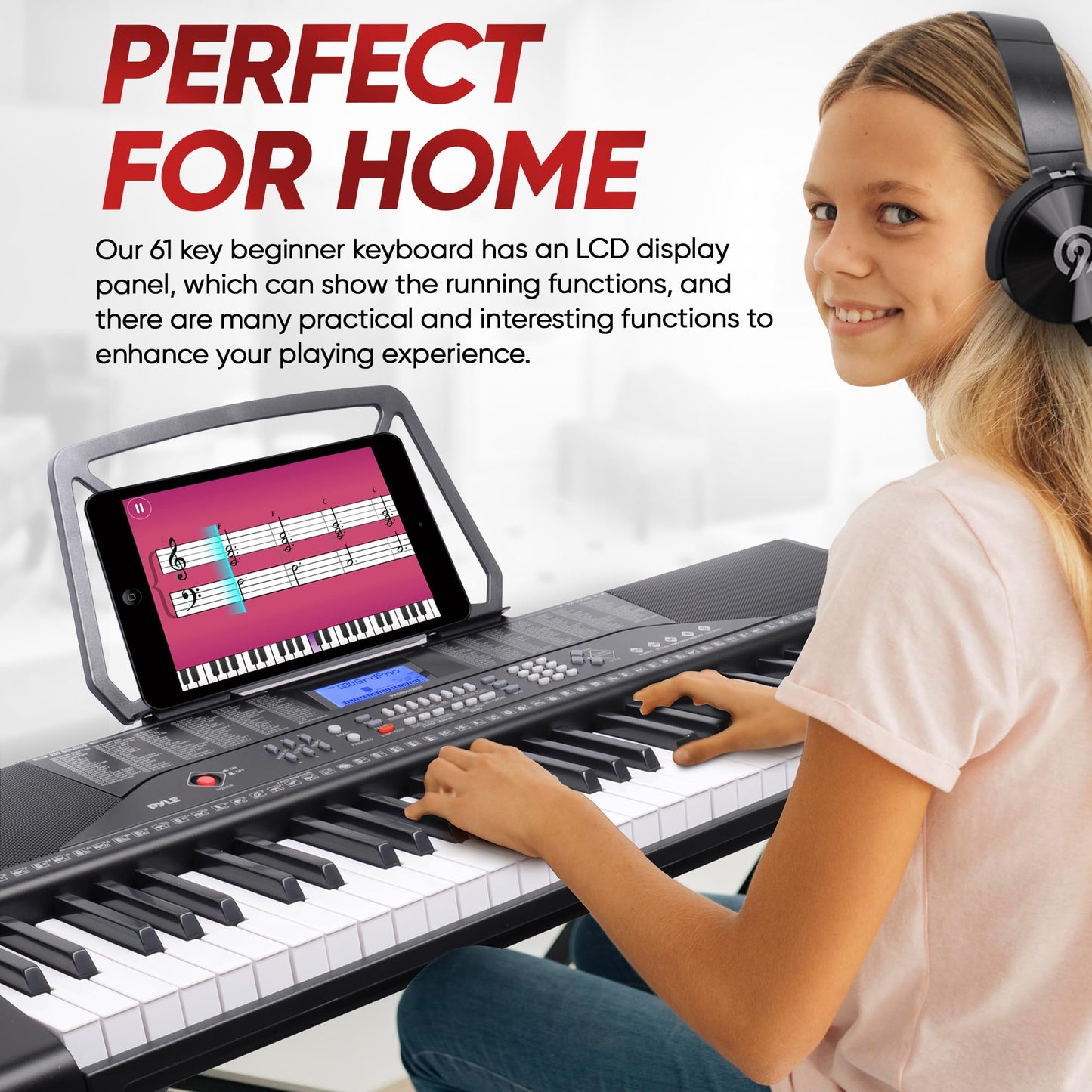 PYLE 61 Key Electric Keyboard Piano, Music Keyboard, LCD Display, Portable Design, Karaoke Function, Includes Headphones, Stand, Stool, Book Rack, Perfect for Beginners