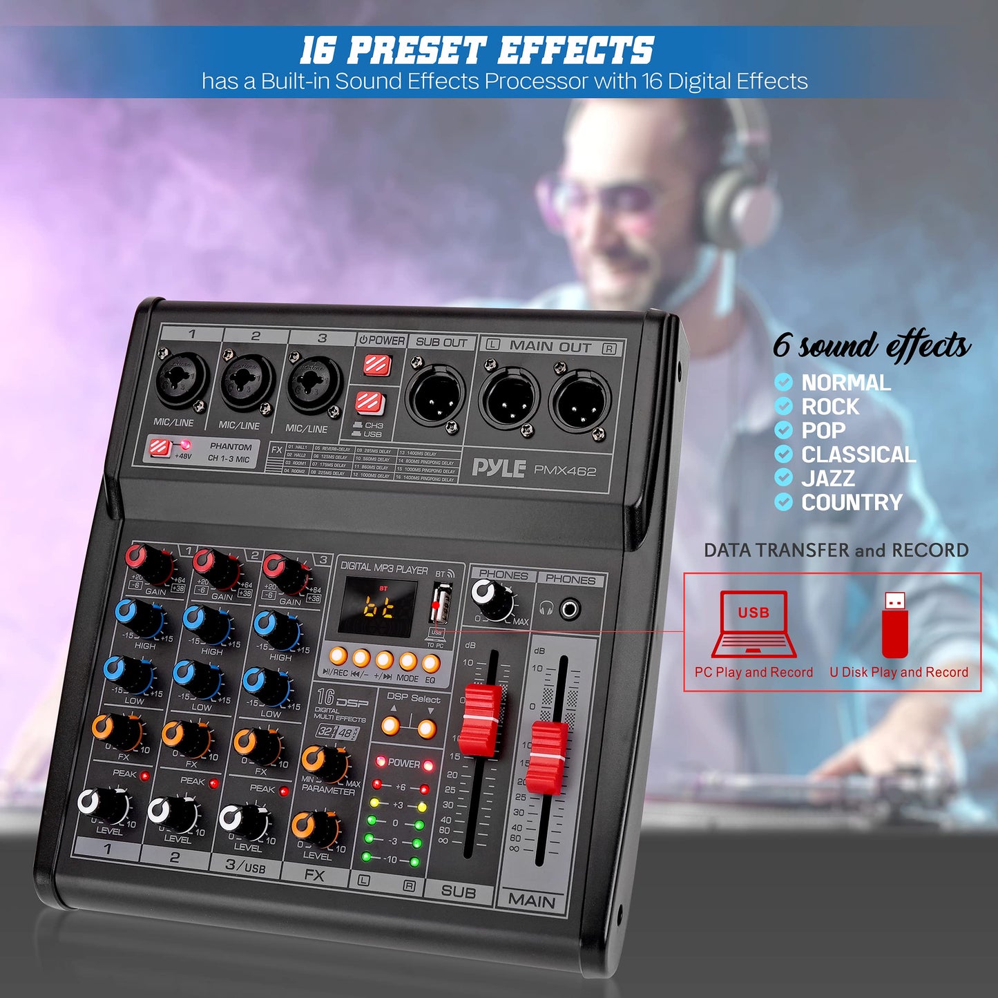 Pyle Professional DJ Audio Mixer - 3-Channel Controller with 16 Preset DSP Effects - USB Interface - 3 Mic/Line Inputs - +48V Phantom Power - Built-in FX Processor - MP3 Player/Headphone Jack - PMX462