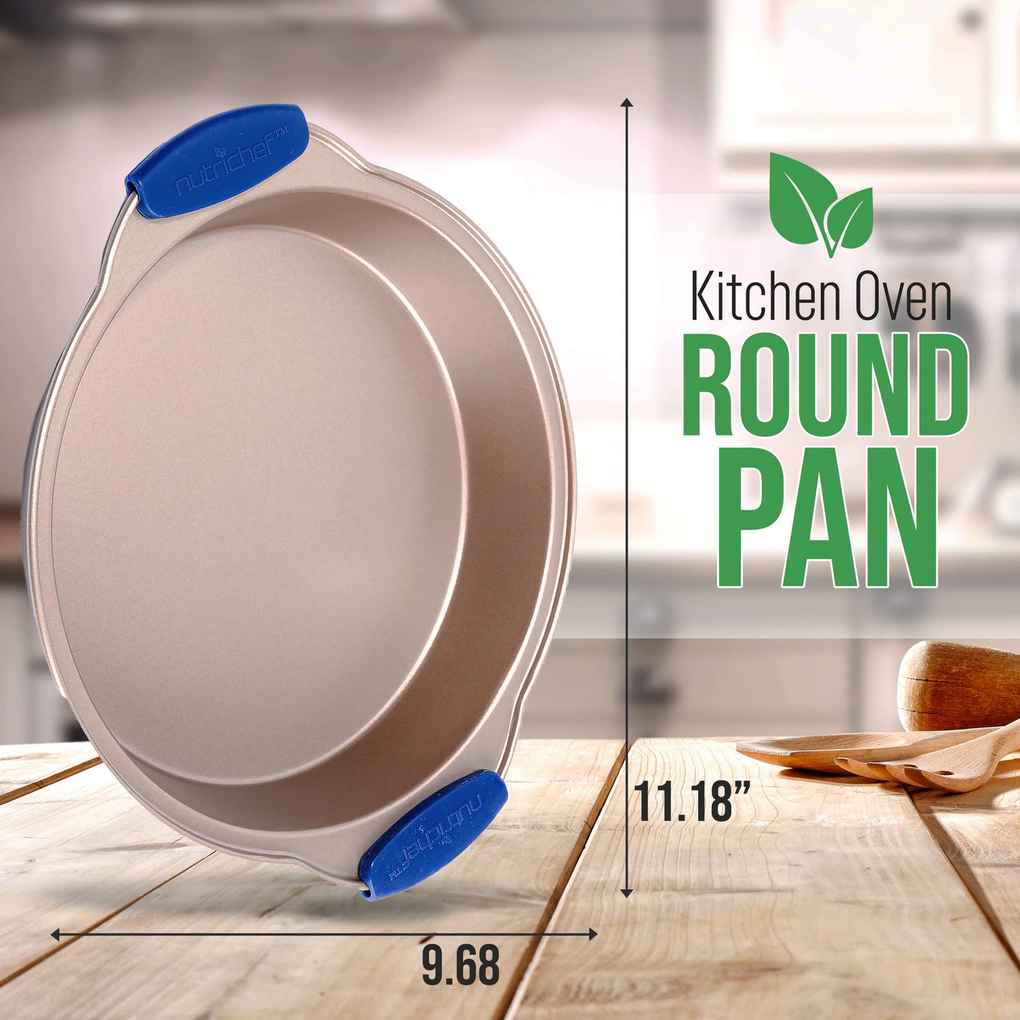NutriChef Nonstick Round Cake Pan - Carbon Steel Oven Bakeware Pan with Silicone Grip Handles - PFOA, PFOS, PTFE Free - Bake Cake, Brownies, Pie, Bread, & More - Dishwasher Safe, 9.7 Inch (Gold)