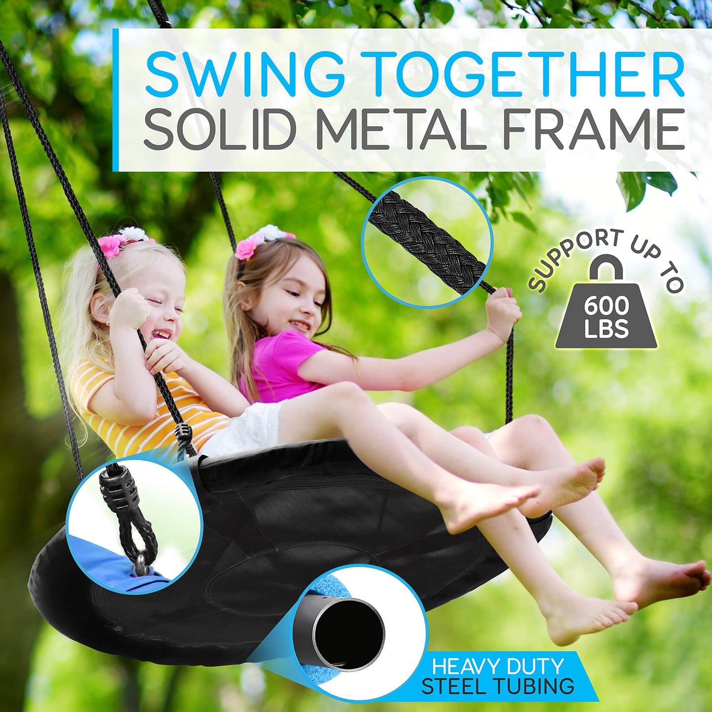 SereneLife Saucer Swing with Tree Hang Kit, 40” Outdoor Tree Swing, 2 Adjustable Hanging Rope Straps and Center Swivel Spinner for Kids (Green)