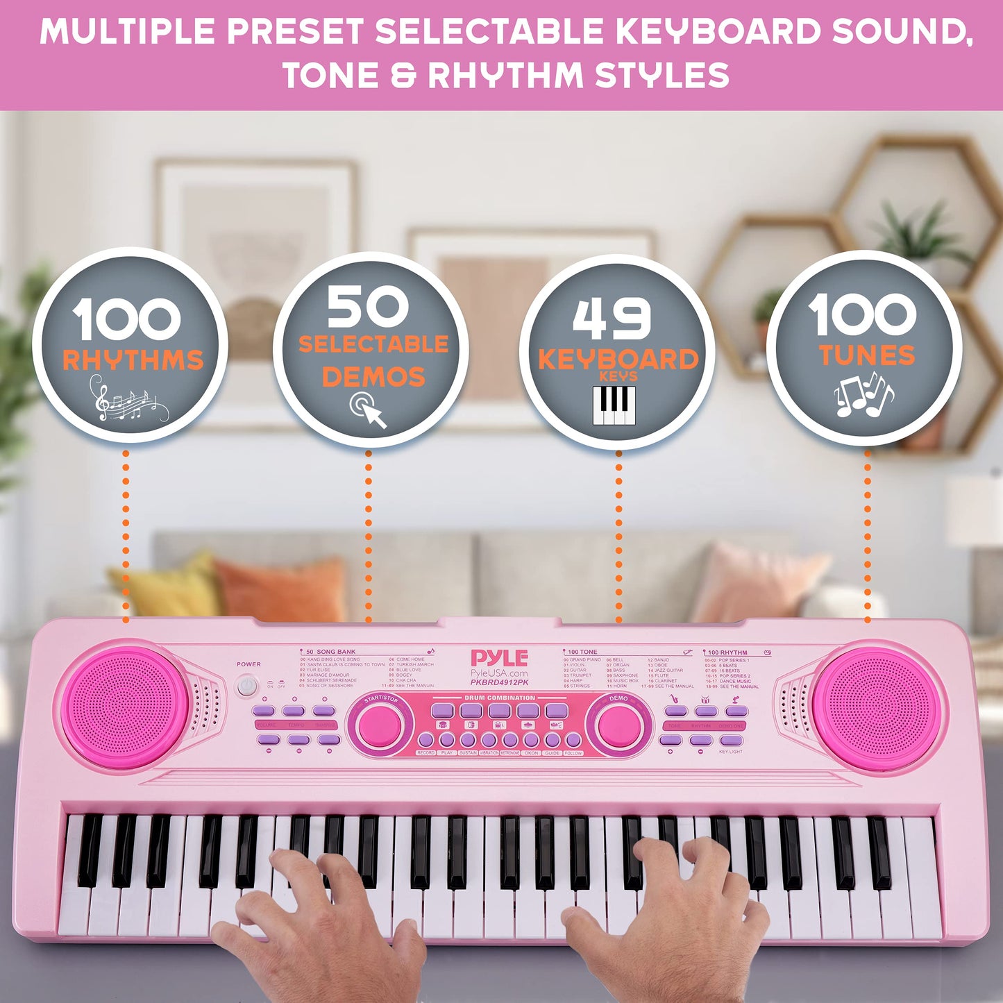 Pyle, 49, Electric Keyboard Piano, Music Keyboard-49 Keys, Karaoke Fun, Rechargeable Battery, Wired Microphone, 100 Tunes, 50 Demos, Aux Input, Compact Design, (PKBRD4912PK)